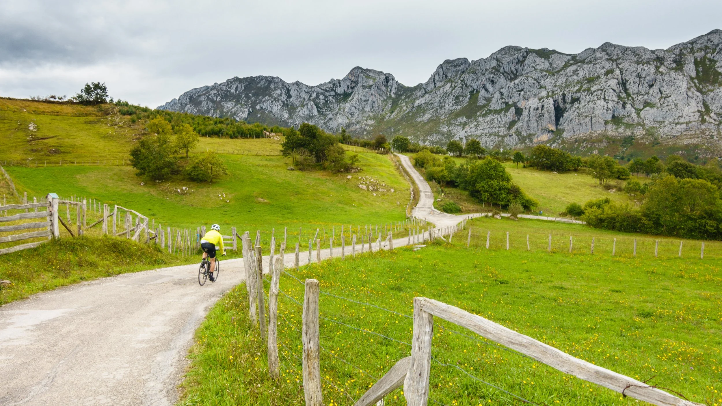 A person cycling on a winding dirt road through green rolling hills with trees and mountains in the background.