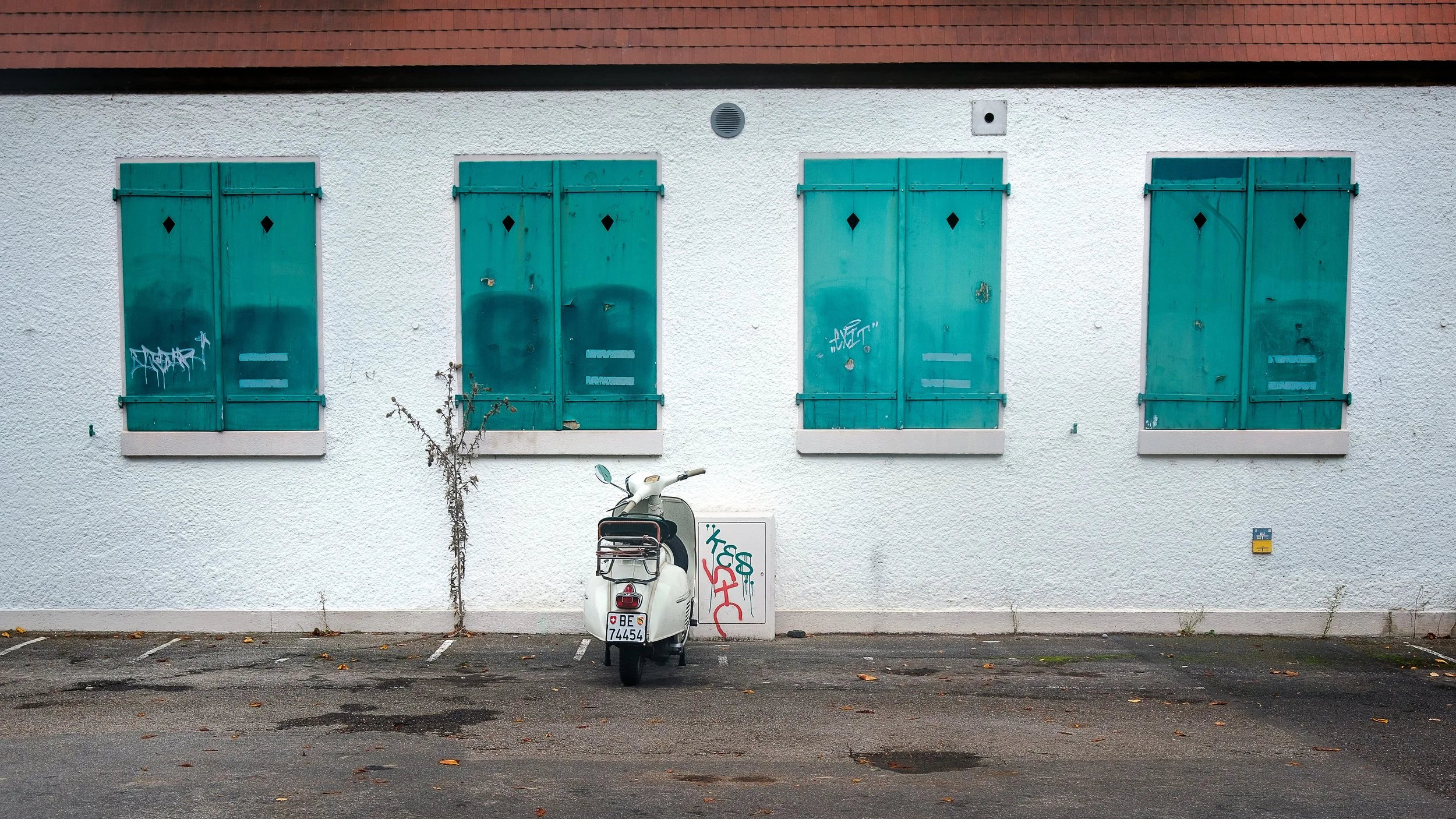 A white scooter parked in front of a white wall with four closed teal shutters, graffiti on the shutters, and a small tree to the left of the scooter, in a mostly empty parking lot with some scattered fallen leaves.