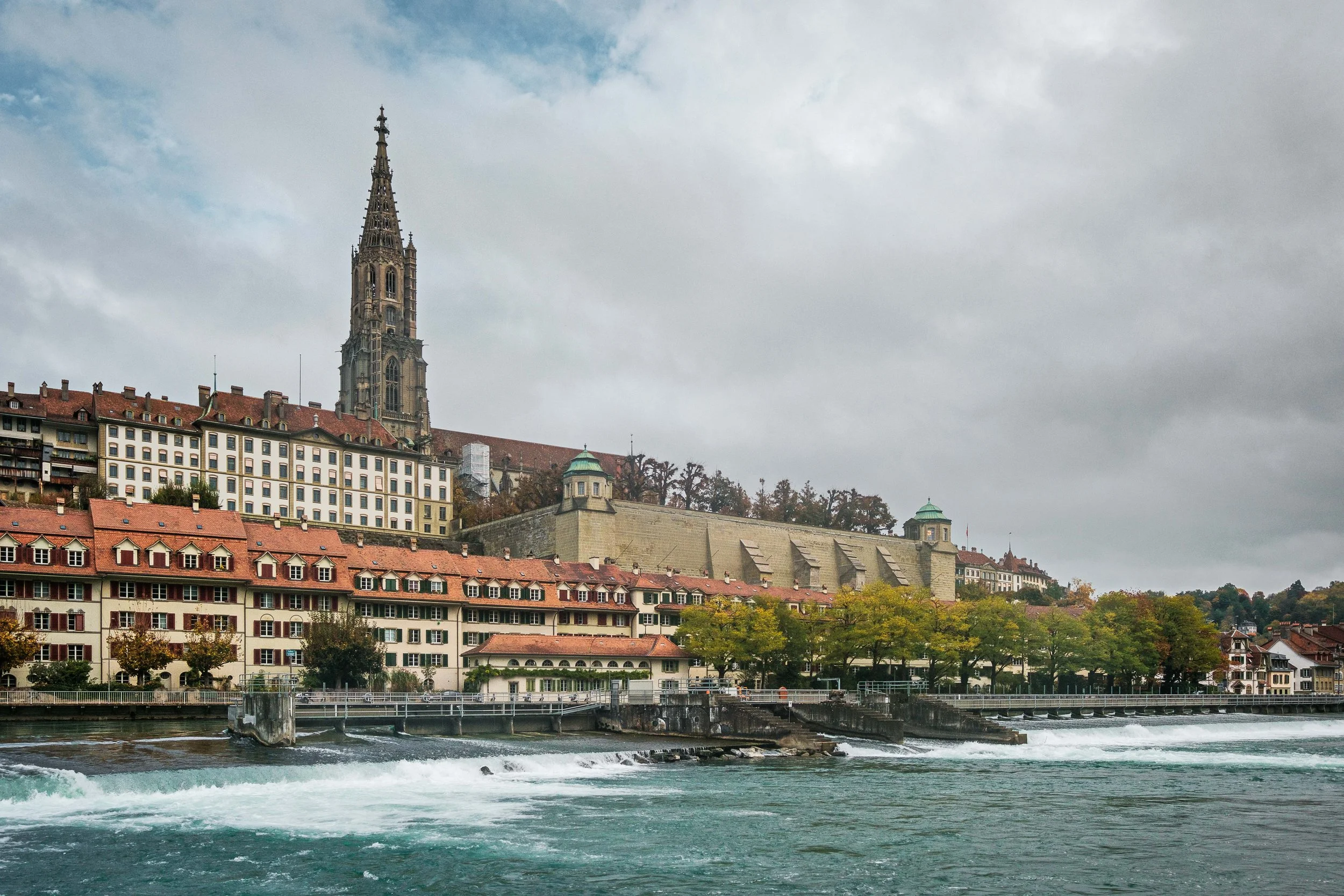 A cityscape along a river with buildings, trees, and a large Gothic church tower on a cloudy day.