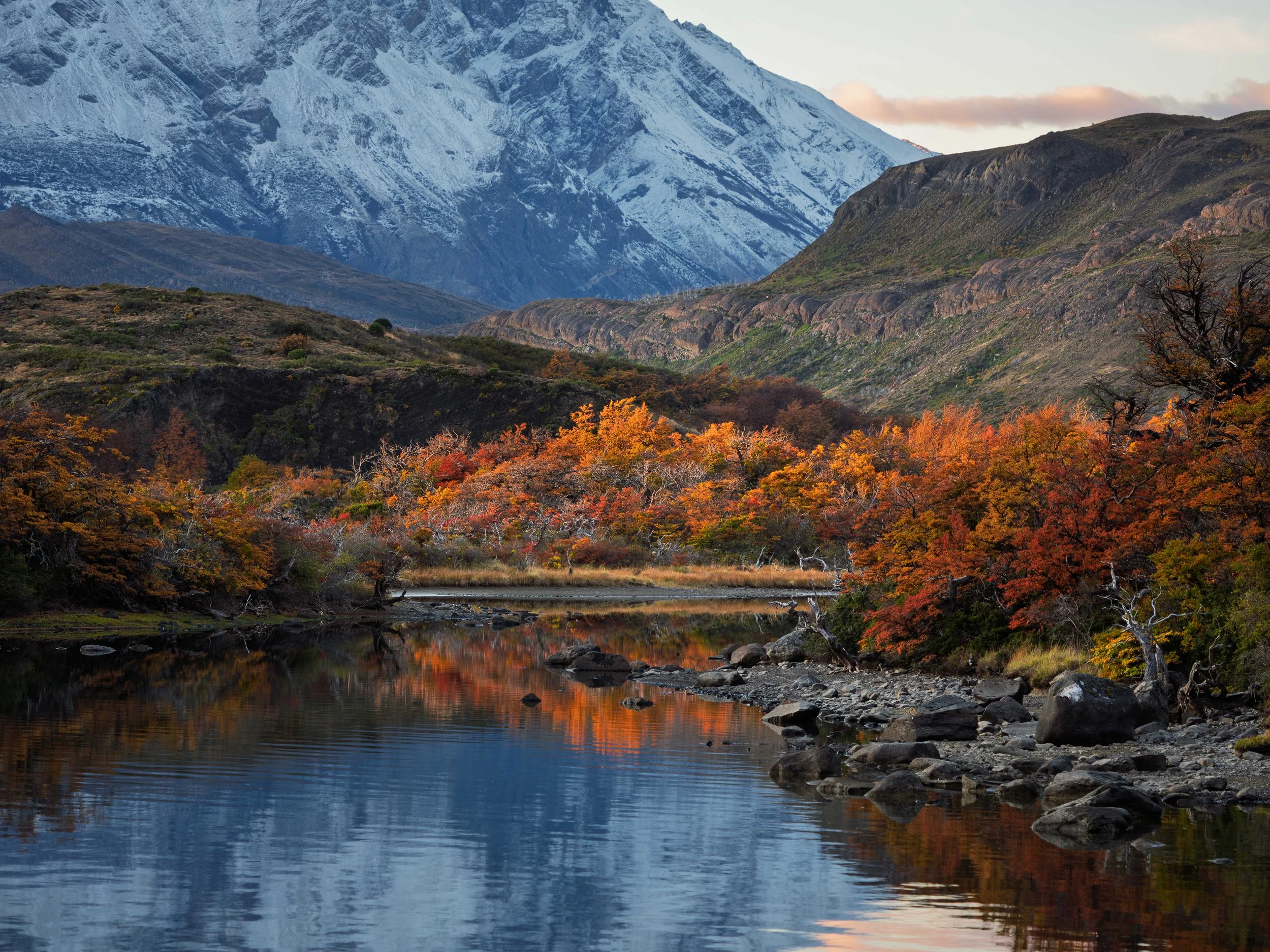 A scenic river flows through a forest with colorful autumn leaves, with snow-capped mountains in the background.