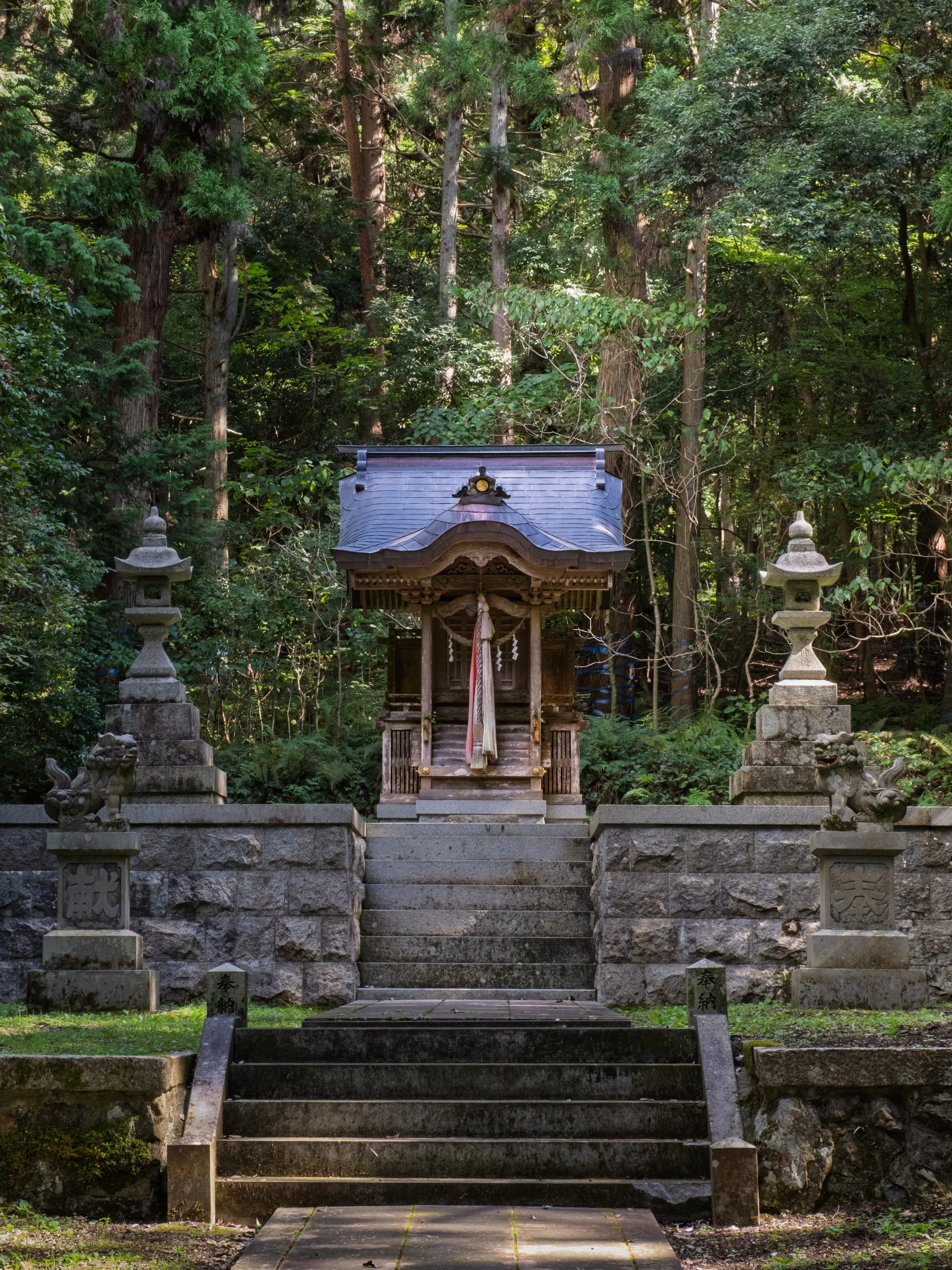 A small traditional Japanese shrine surrounded by dense green forest, with stone lanterns and steps leading up to it.