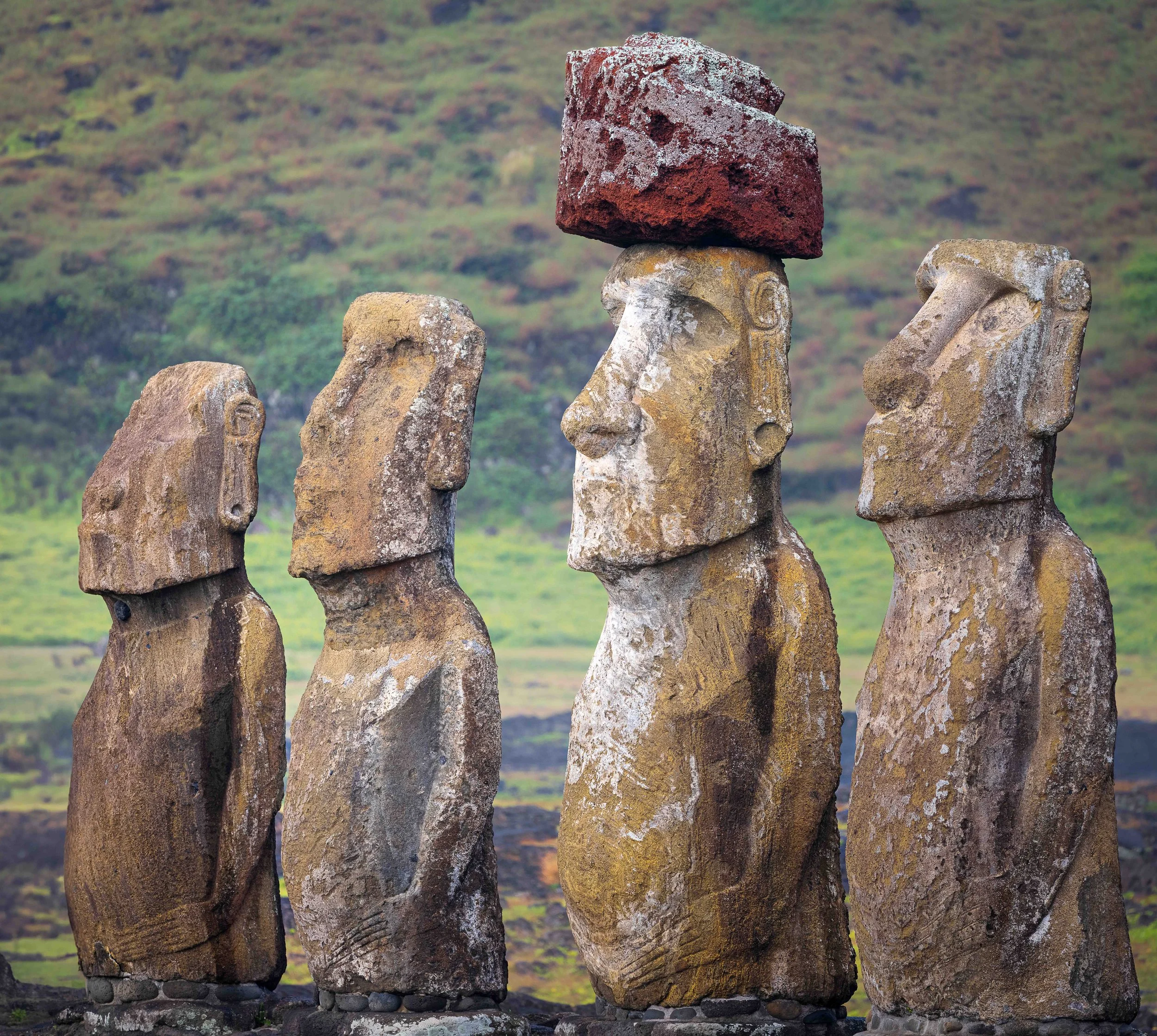 Four Moai statues on Easter Island with greenery in the background, one with a red stone on its head.