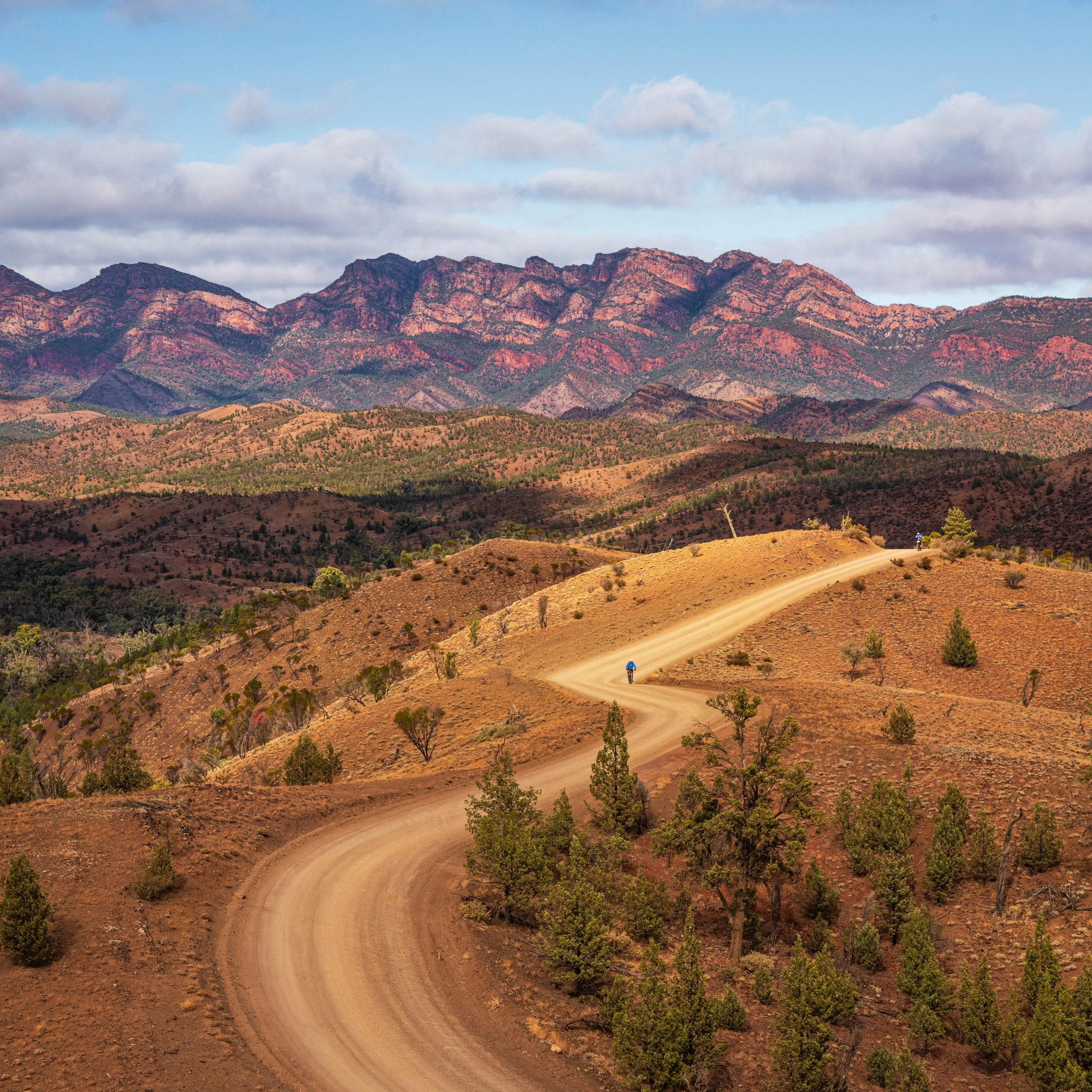 A winding dirt road through a dry, mountainous landscape with sparse trees and a colorful mountain range in the background under a partly cloudy sky.