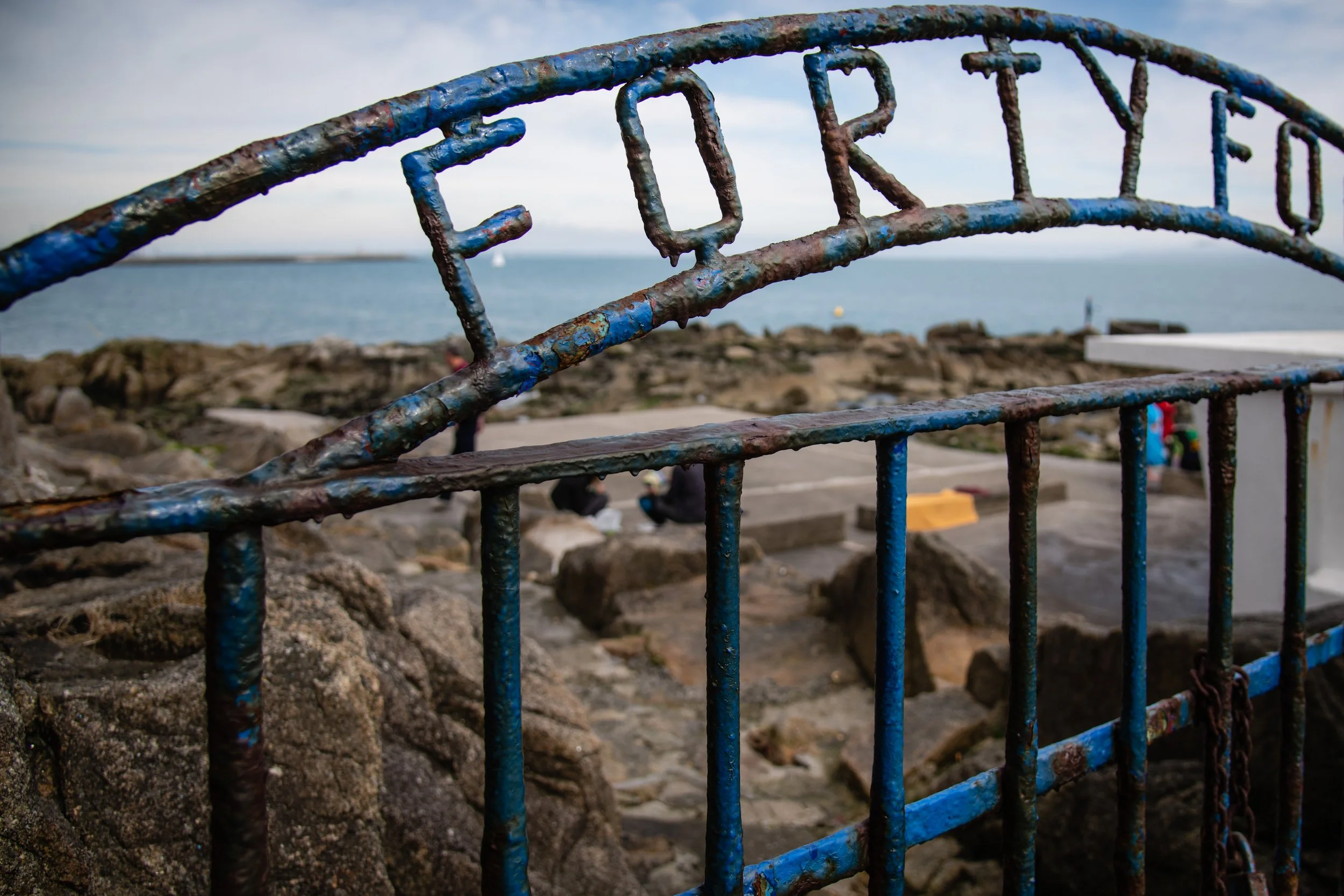 Close-up of a rusted blue metal railing with the words 'FEED YOUR' shaped out, overlooking a rocky shoreline and the ocean in the background.