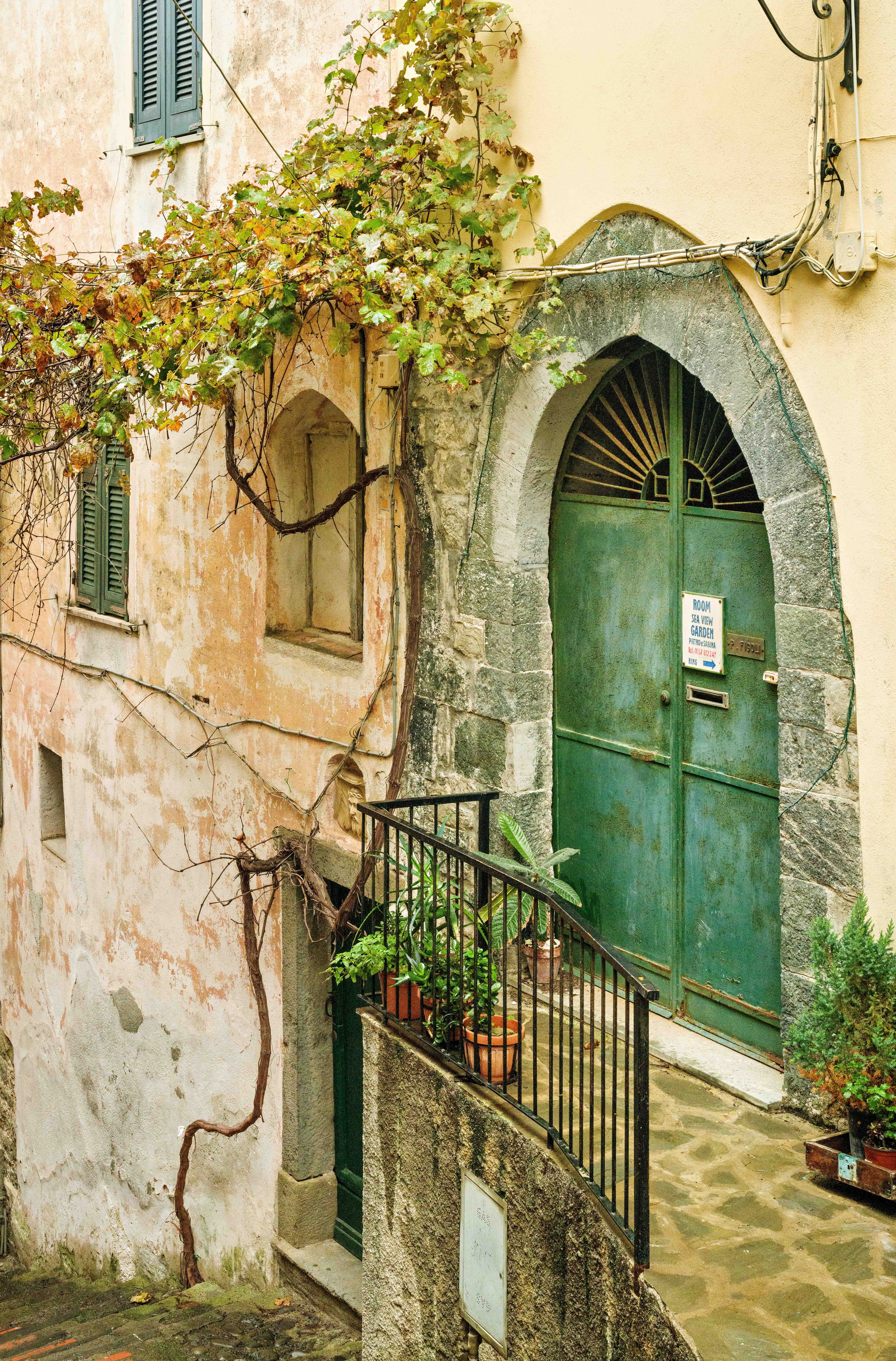 Old stone doorway with green door and potted plants on a cobblestone pathway, surrounded by weathered walls, vines, and shutters.