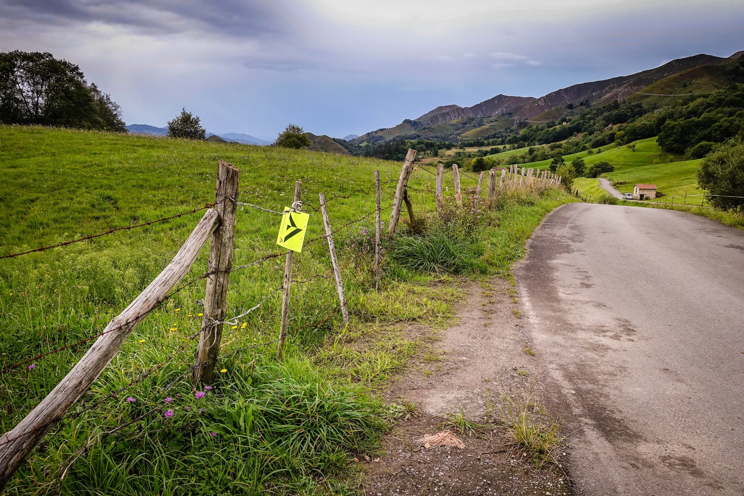 A winding country road next to a wooden fence with a yellow warning sign, green grassy fields, trees, and mountains in the background under a cloudy sky.