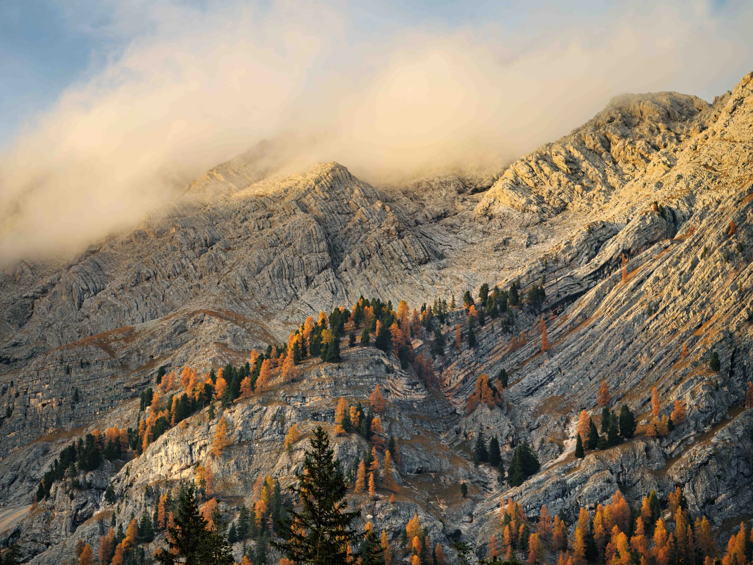 Mountain range with rocky slopes and evergreen trees, some with autumn foliage, under a partly cloudy sky.