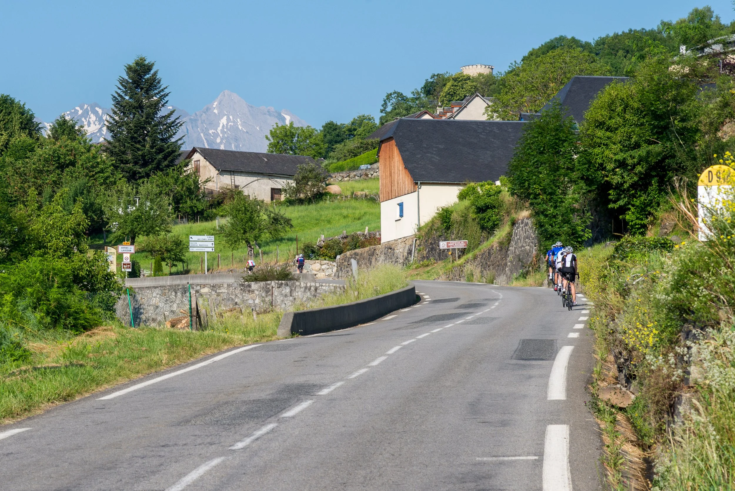 Cyclists riding on a winding mountain road with green trees, houses, and snow-capped mountains in the background.