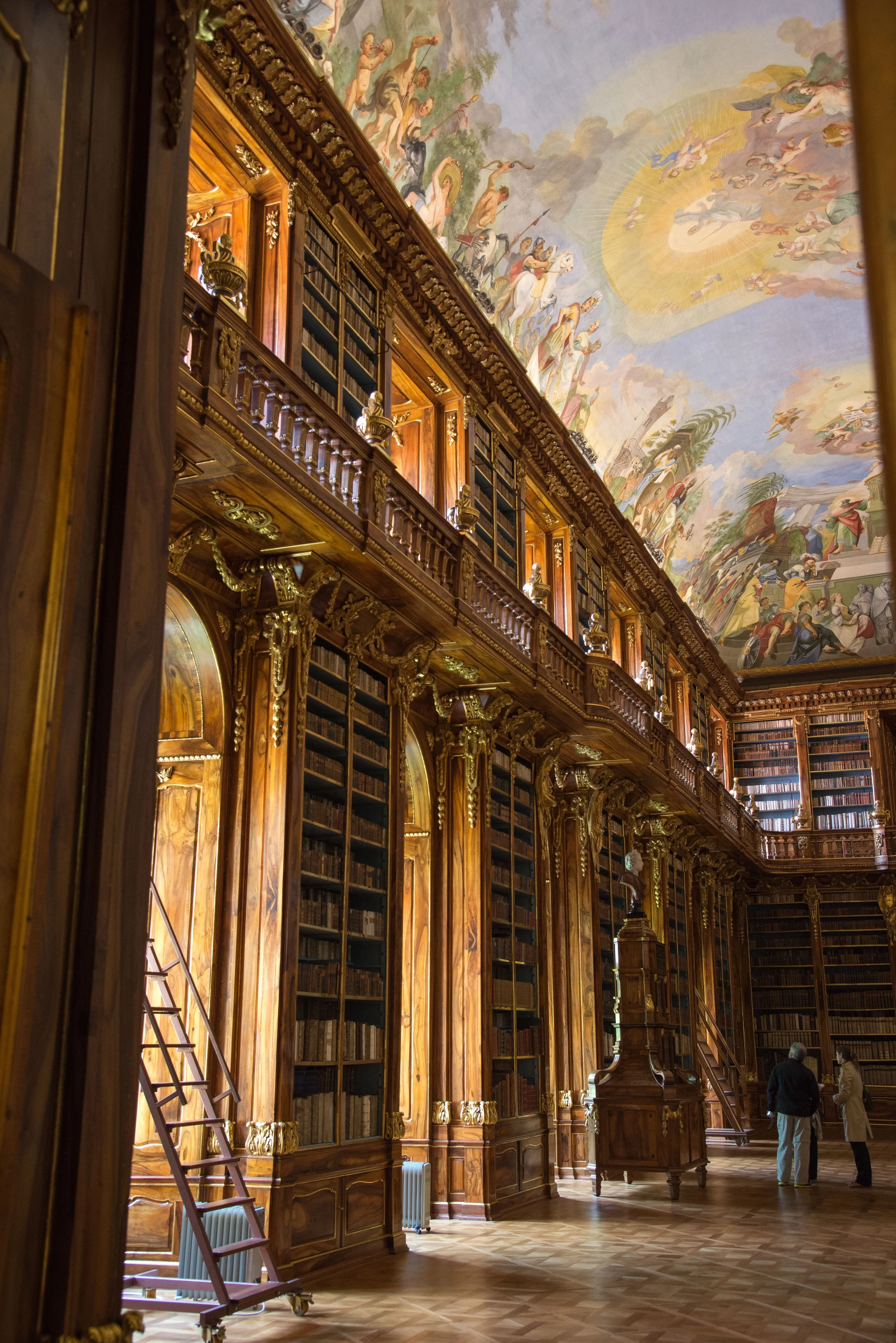 Interior of a grand library with tall wooden bookshelves, ornate gold accents, a painted ceiling depicting mythological figures, and two people standing and talking.