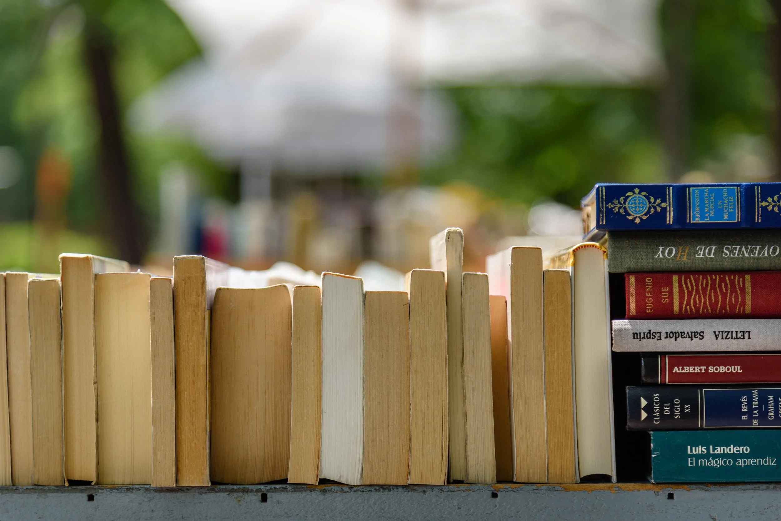 A row of books with yellow and white covers and some stacked horizontally on the right side of the row, outdoors with a blurred green background and an open umbrella in the distance.