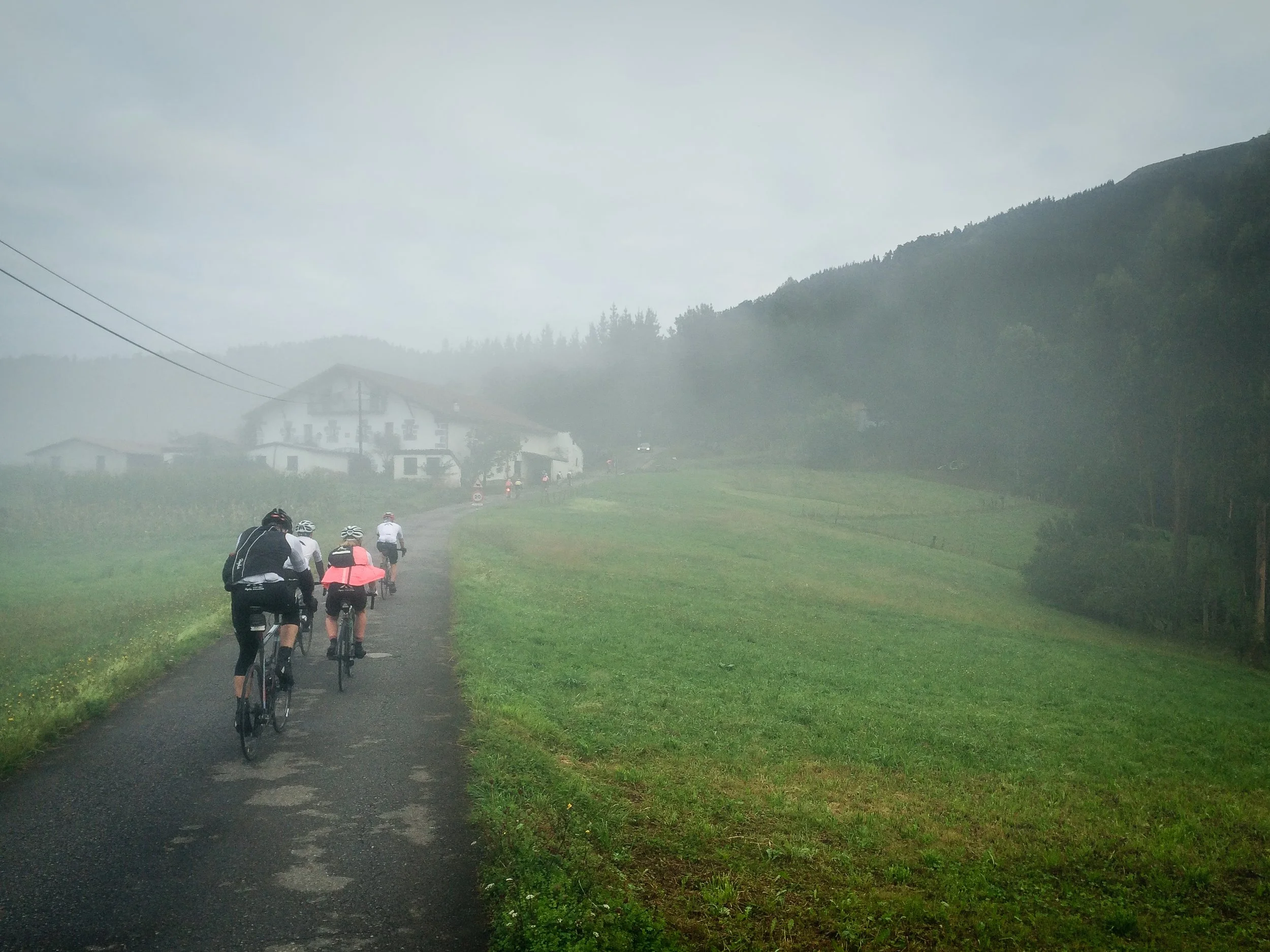 Group of cyclists riding on a foggy rural road with green fields and houses in the background.