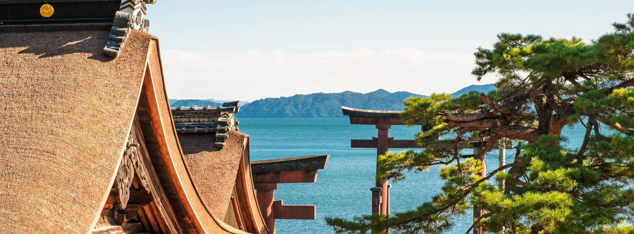 Traditional Japanese temple with a thatched roof, a torii gate in the water, and a pine tree in the foreground overlooking a lake and mountains.