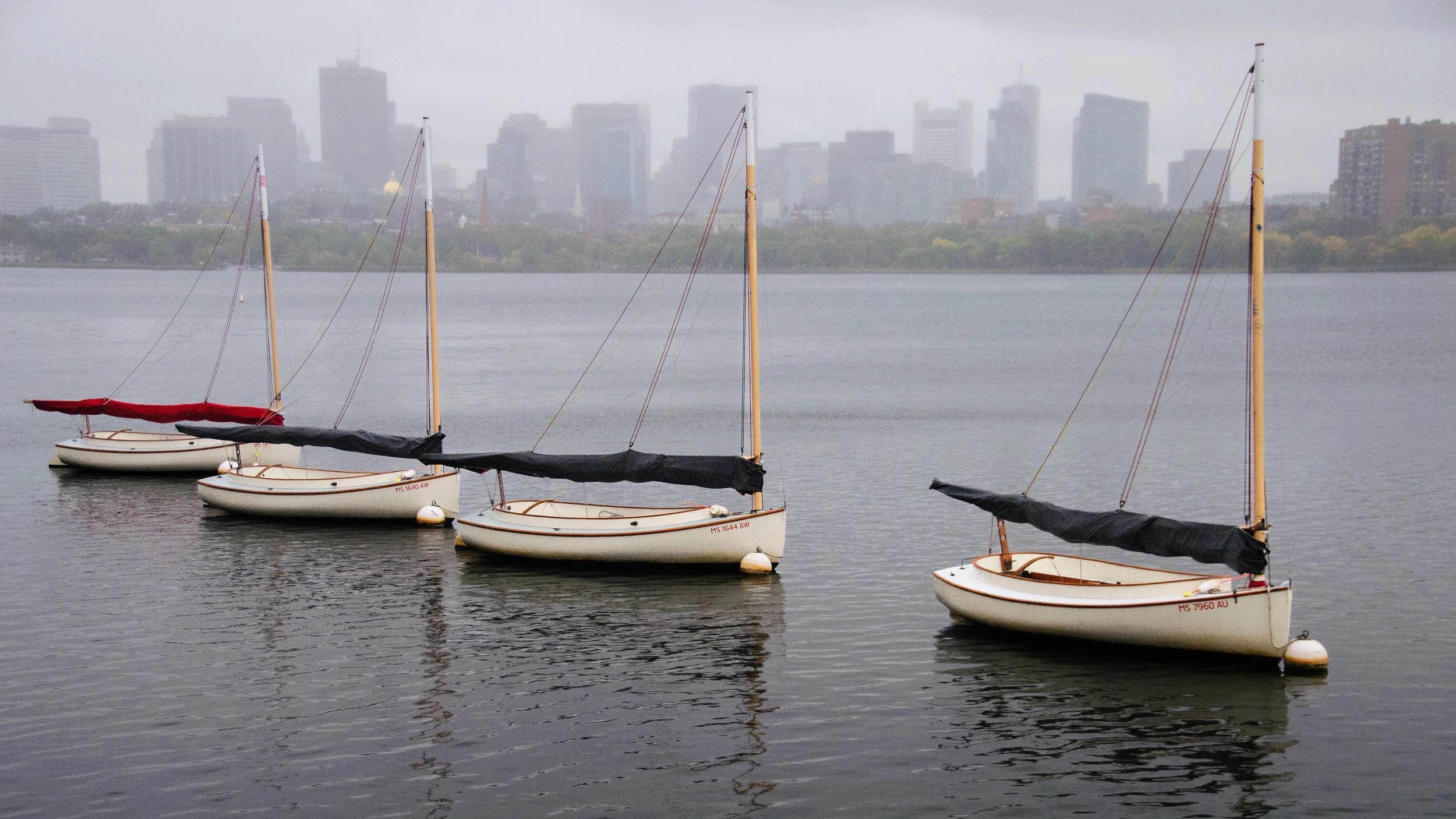 Four small sailboats tied to a dock on calm water with a city skyline in the background and overcast sky.