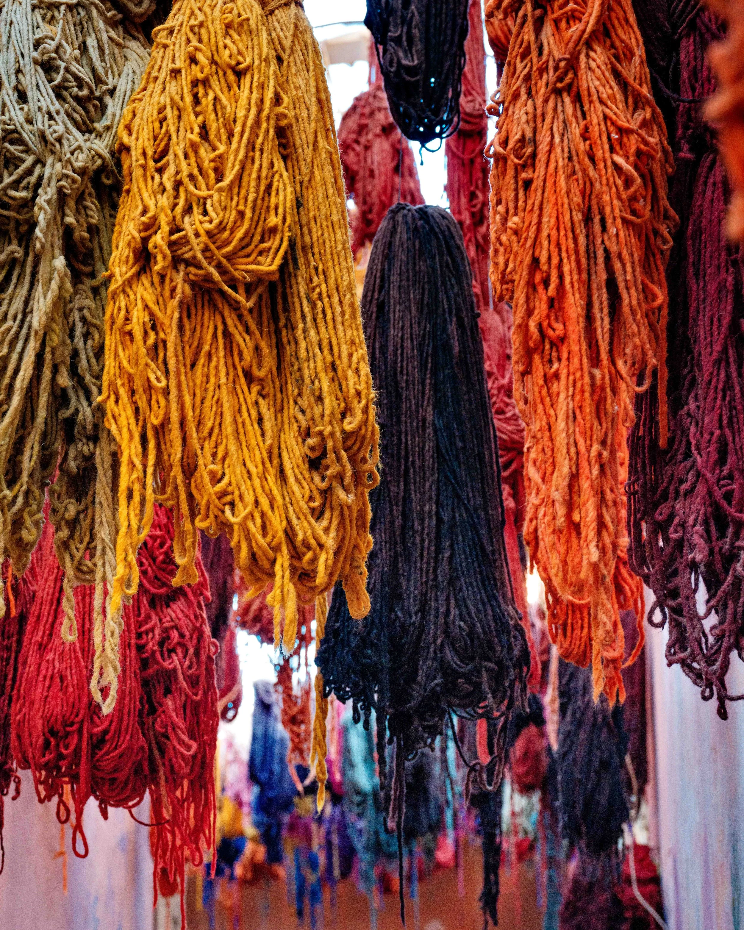 Colorful yarn scarves hanging in a shop, including yellow, black, orange, red, and purple yarns.