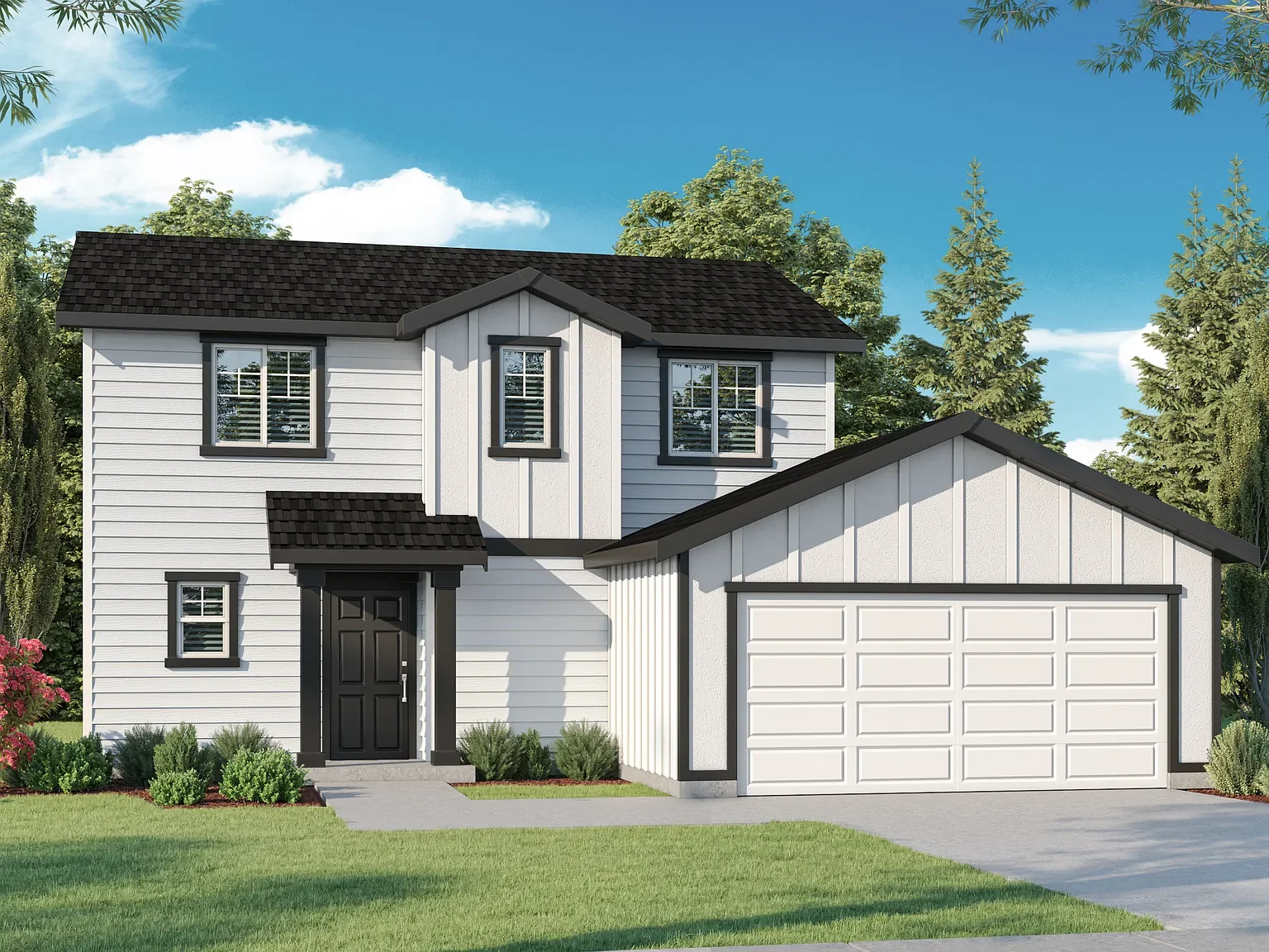 A two-story house with white siding, black trim, and a black front door. It has a two-car garage on the right side and is surrounded by a well-manicured lawn and trees under a blue sky with some clouds.