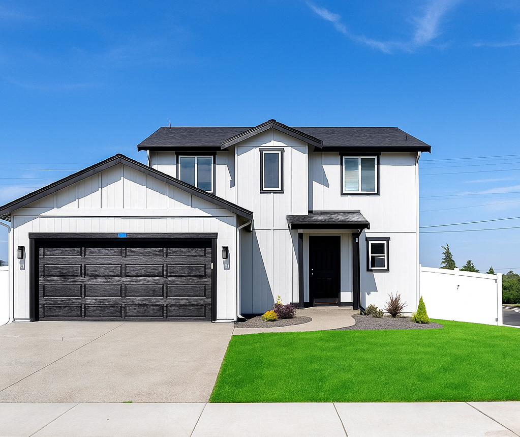 Front view of a modern two-story house with white siding, black garage door, black front door, and small landscaped yard under a blue sky.