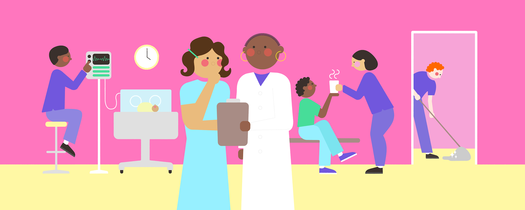 Hospital scene with baby in incubator, mum talking with doctor, dad receiving a coffee from a nurse, janitor mopping the hall.