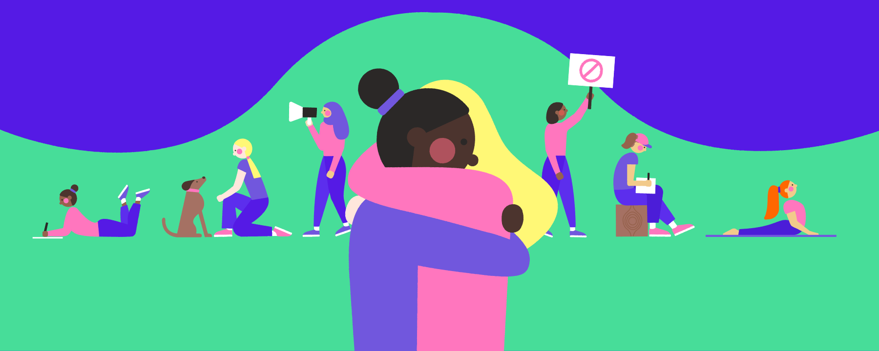 Activists hugging with fellow activists behind them protesting and doing nourishing activities.