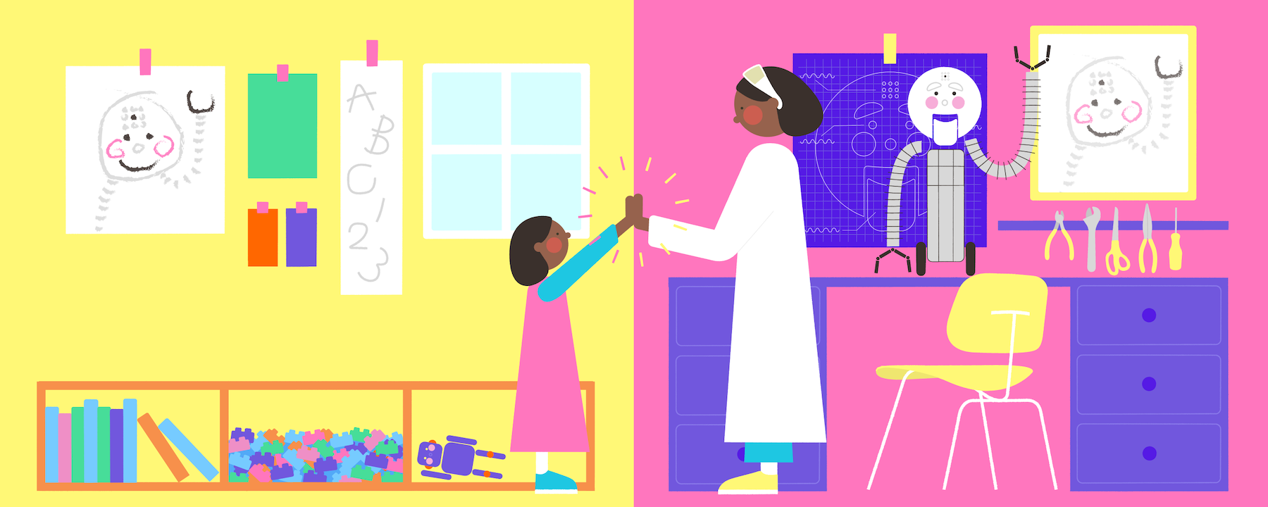 Scientist and her younger self high-five.