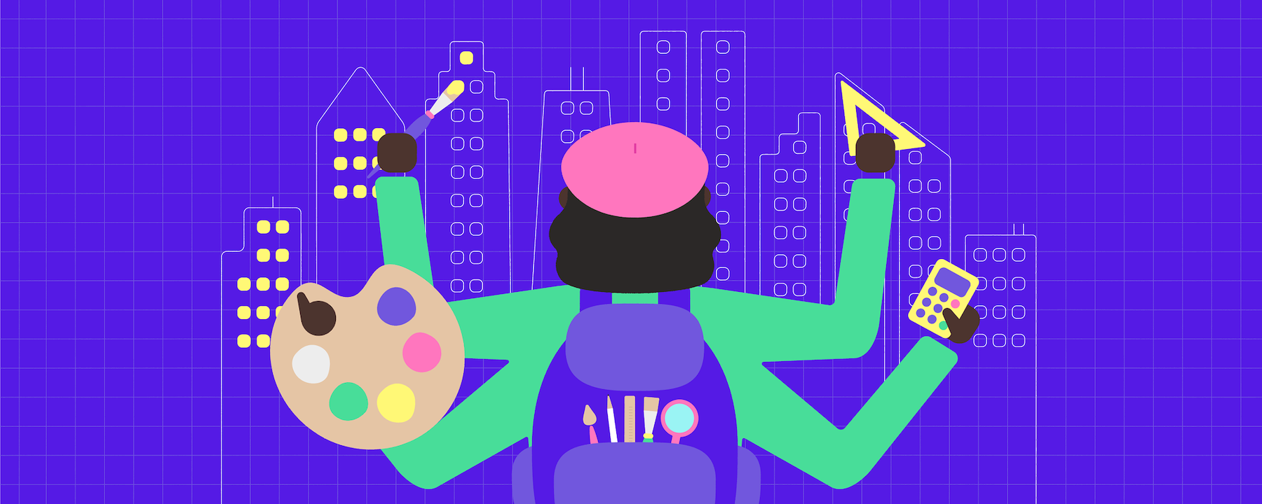 Person measuring and painting a blueprint of a city skyline with multiple arms!!!