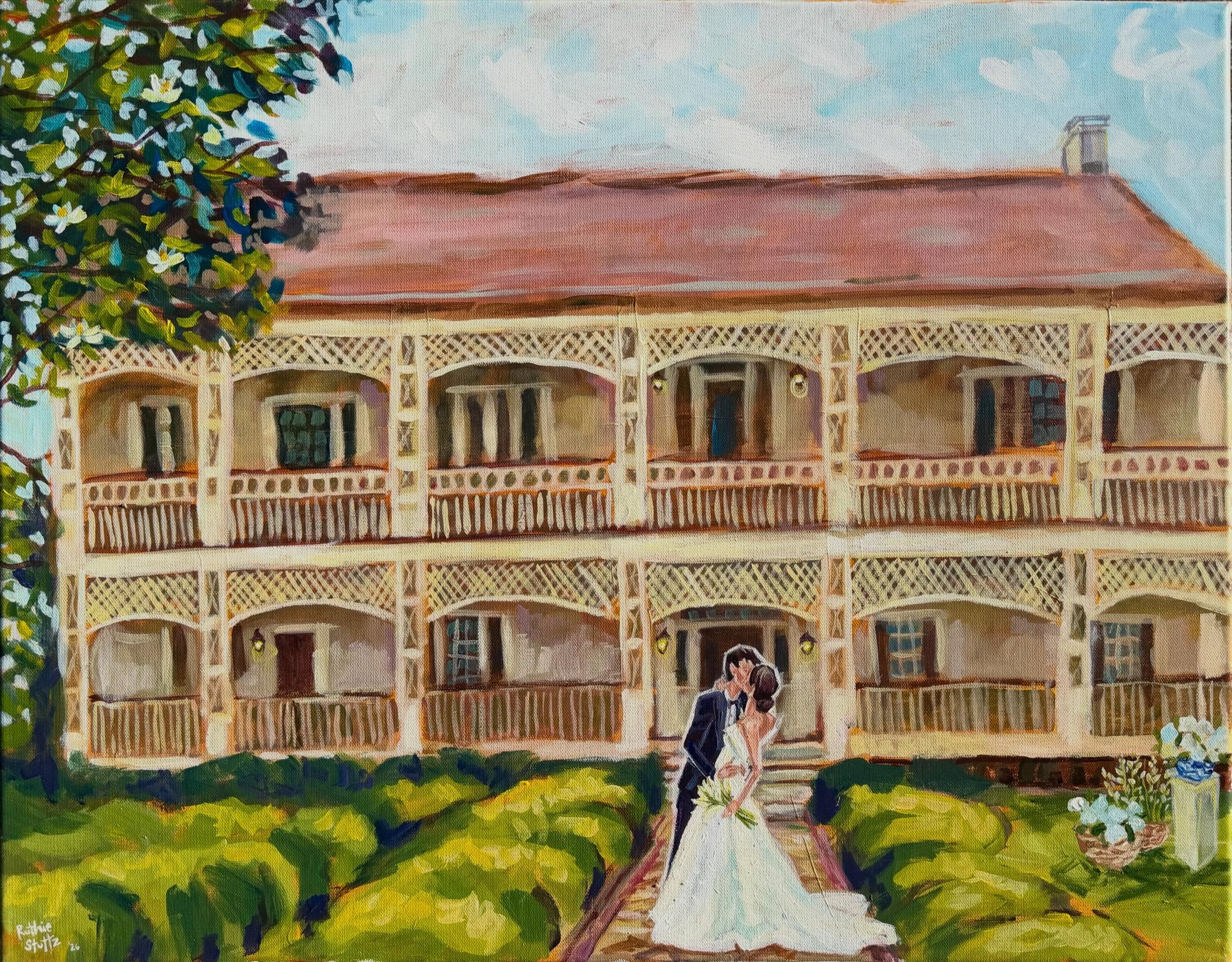 Mary-Marshall and Christopher&rsquo;s 22x28 wedding painting !

The couple requested a posed dip kiss in front of the beautiful historic white home. I am obsessed with this one&rsquo;s composition and had a blast bringing their vision to life.✨🤍

Th