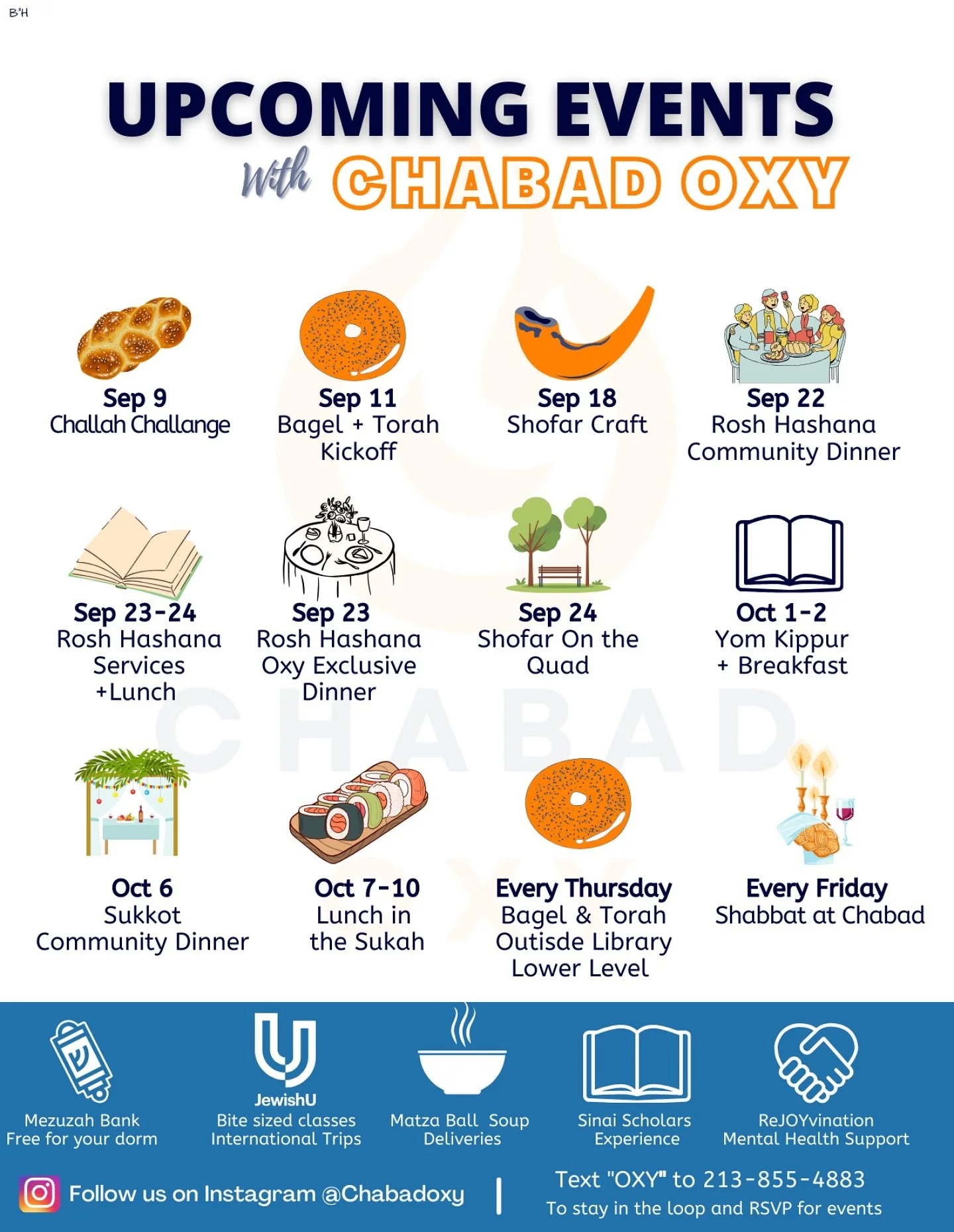 Your semester checklist:
✔️ Free food 🍩🥯🍲
✔️ Holiday experiences 🕊🍎🍯
✔️ Good vibes + community 💫
✔️ YOU!
Don&rsquo;t miss out on the lineup of events happening with Chabad Oxy this Month. Bring a friend, grab a bagel, and let&rsquo;s make it a