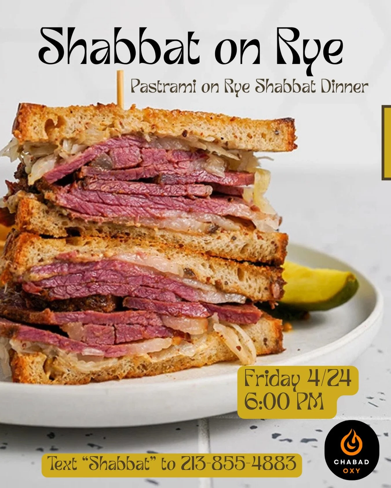 Deli-style Shabbat this week.
Pastrami, kugel, rugelach, babka and the works 🥪
6pm.
Text &ldquo;Shabbat&rdquo;  to 213-855-4883 if you want in.