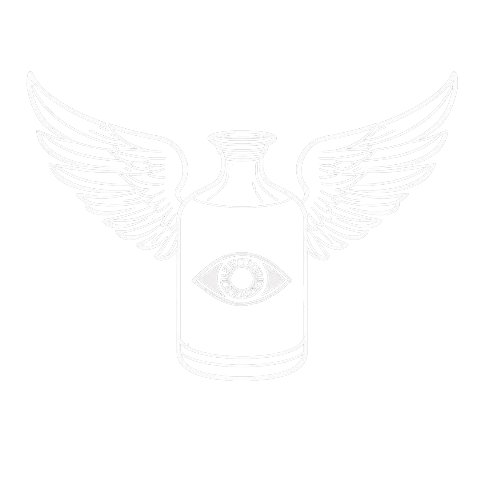 A dark navy logo showing an apothecary-style bottle with large angel wings and an eye illustration on the bottle's body, with the text "Vajra's Cabinet of Curiosities" curved along the bottom
