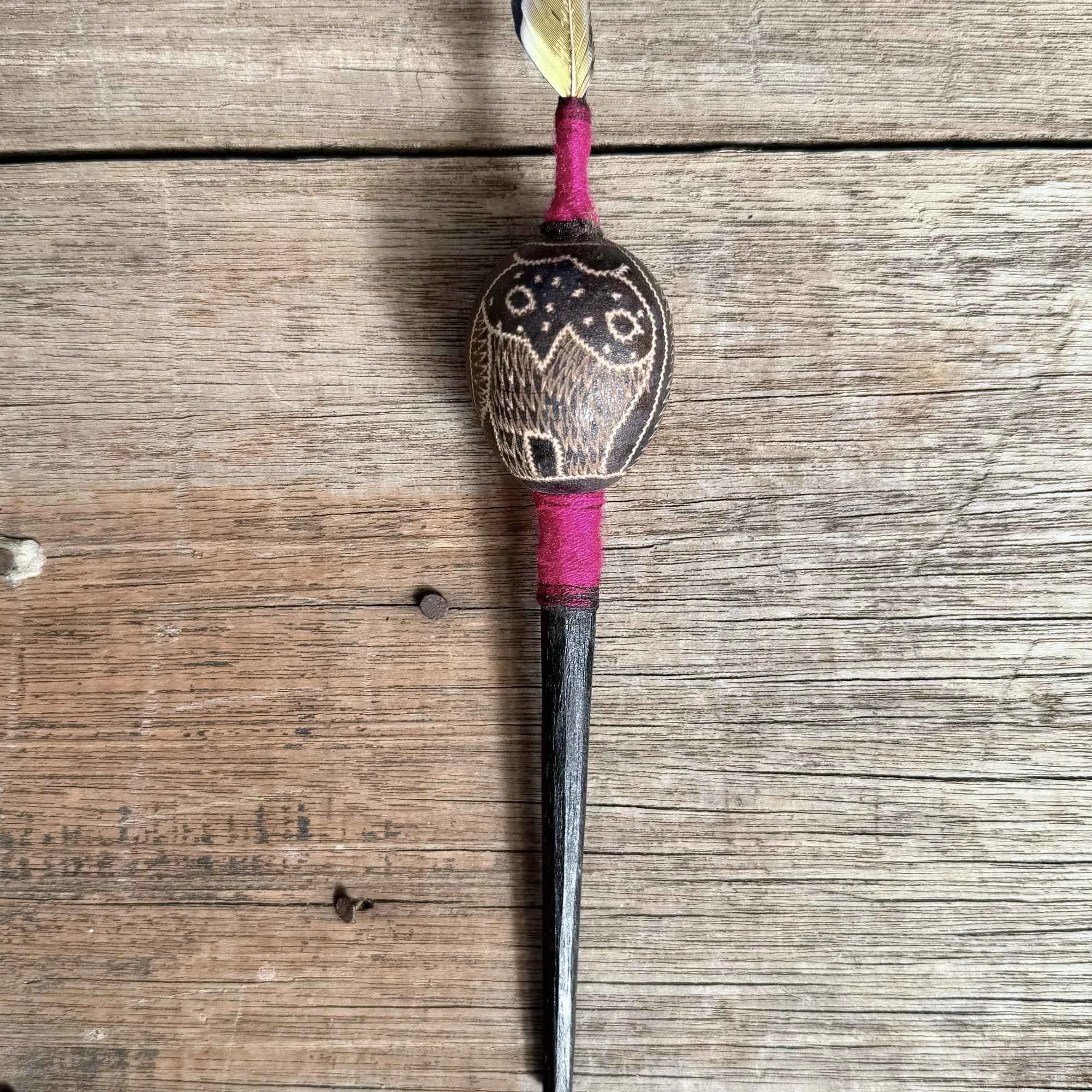 vajras-peruvian-ceremonial-gourd-rattle-jaguar-teal-pink-wrap-feather.jpg