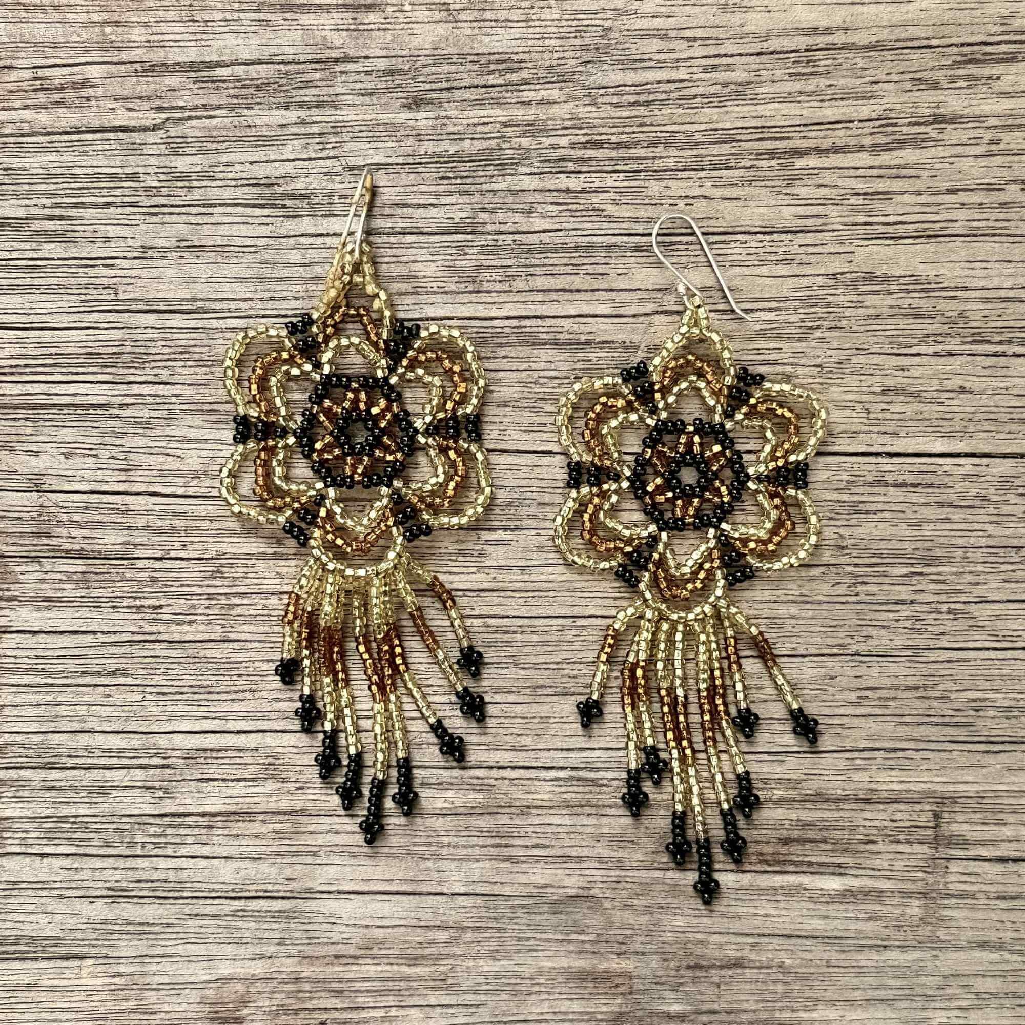 Yawanawa Flower Earrings Gold and Black