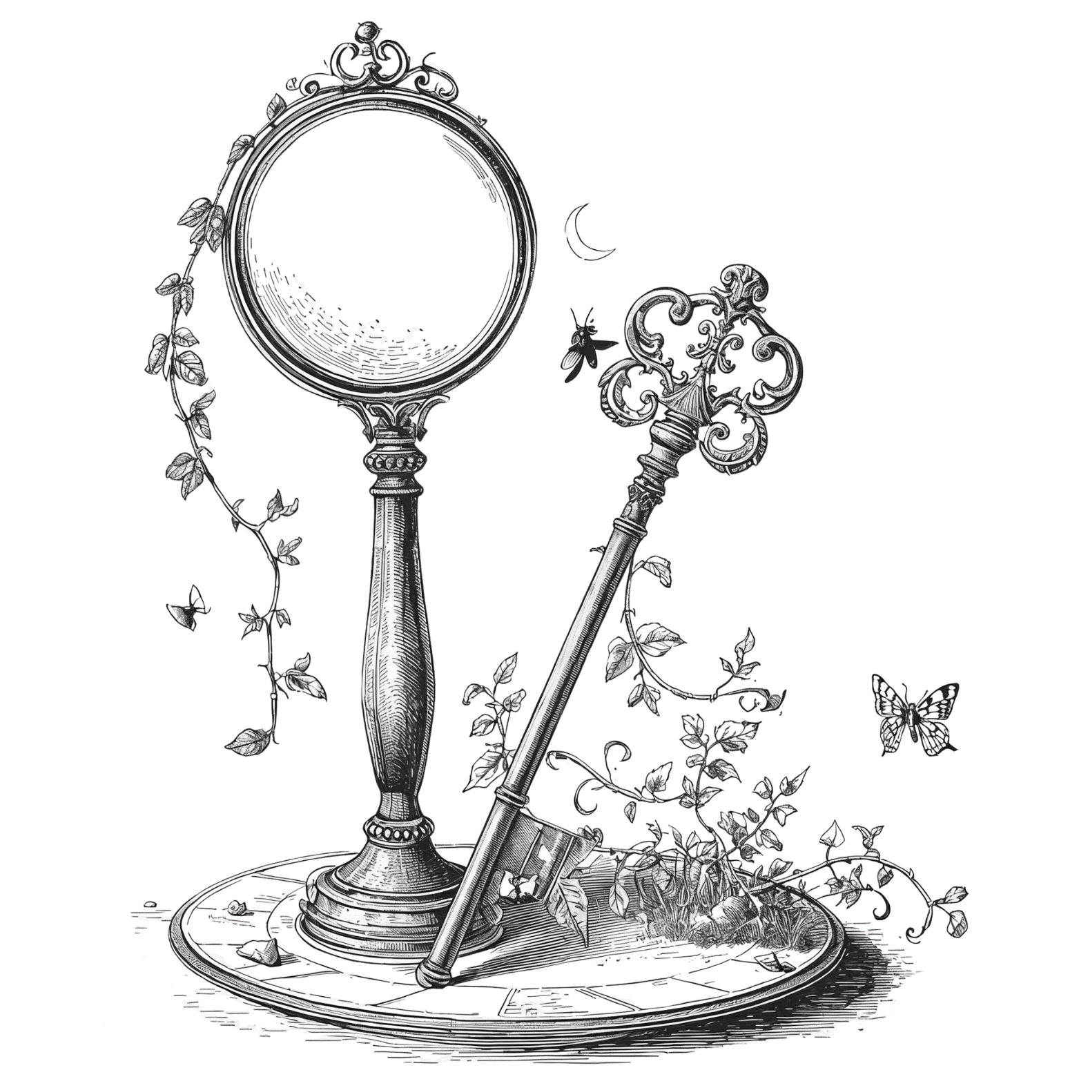 Black and white illustration of a vintage mirror and a ornate key, surrounded by vines, leaves, a butterfly, a bee, and a crescent moon, on a black background.