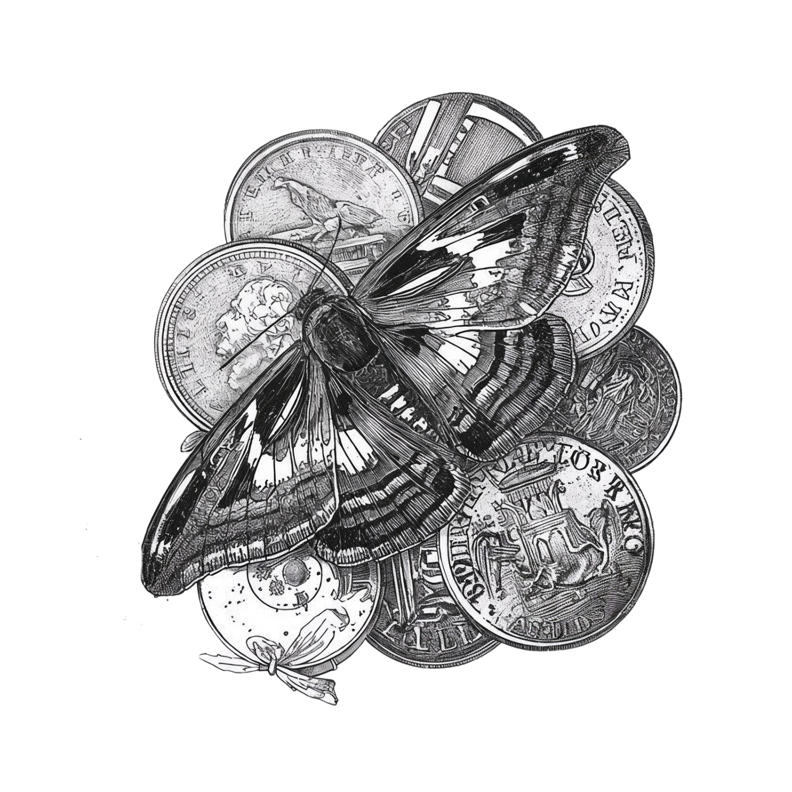 A butterfly resting on a pile of various coins, drawn in black and white illustration style.