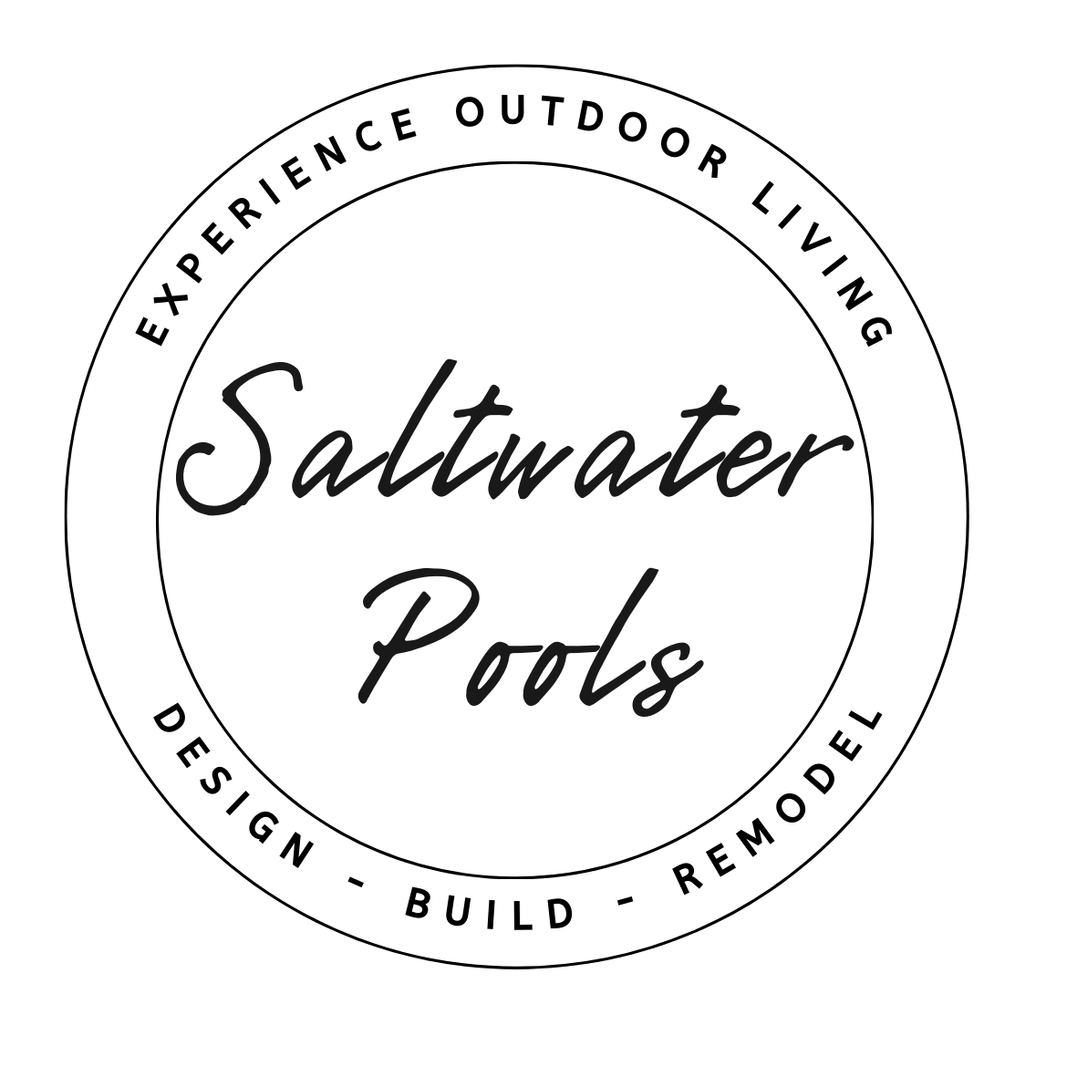 Logo for Saltwater Pools with a black background and stylized text in the center.
