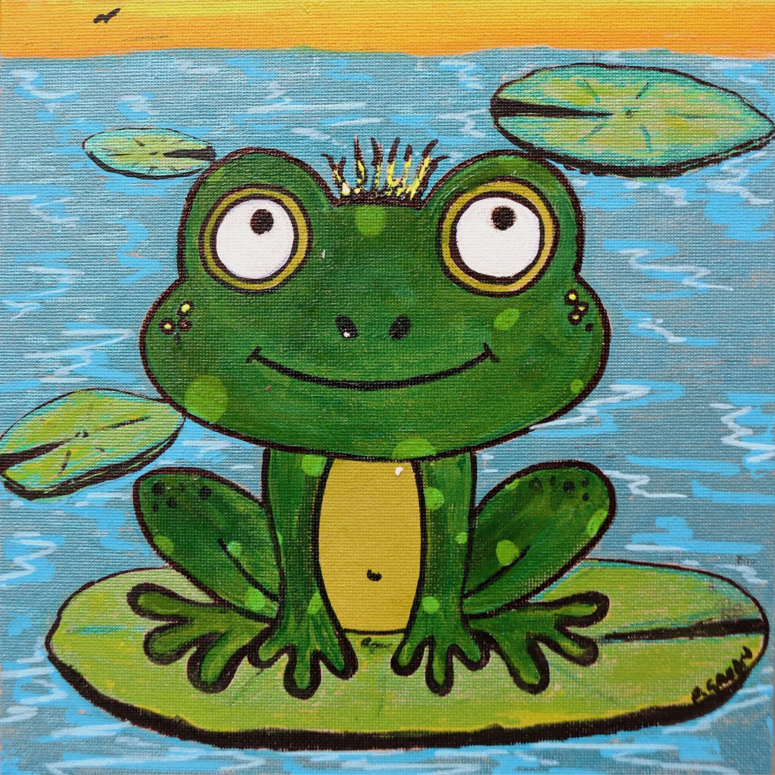 cheerful frog resting on a lily pad symbolizing positivity, resilience, and playful encouragement, created to uplift children in medical settings in collaboration with Art2Hearts Foundation.