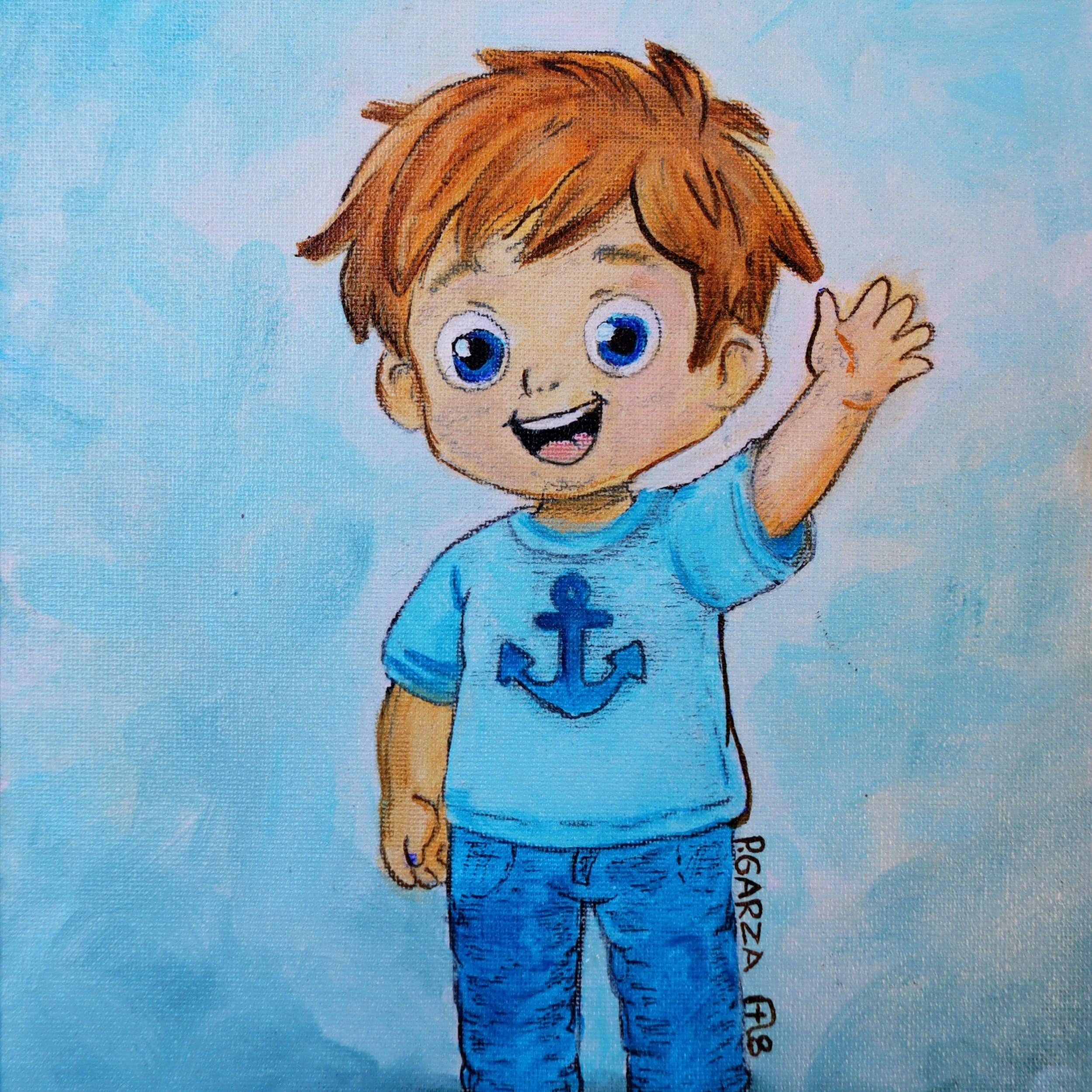 A cheerful young boy waving with a warm smile, symbolizing friendliness, confidence, and the courage to greet each new day with hope. This uplifting illustration supports Art2Hearts Foundation’s mission to provide healing artwork that encourages calm