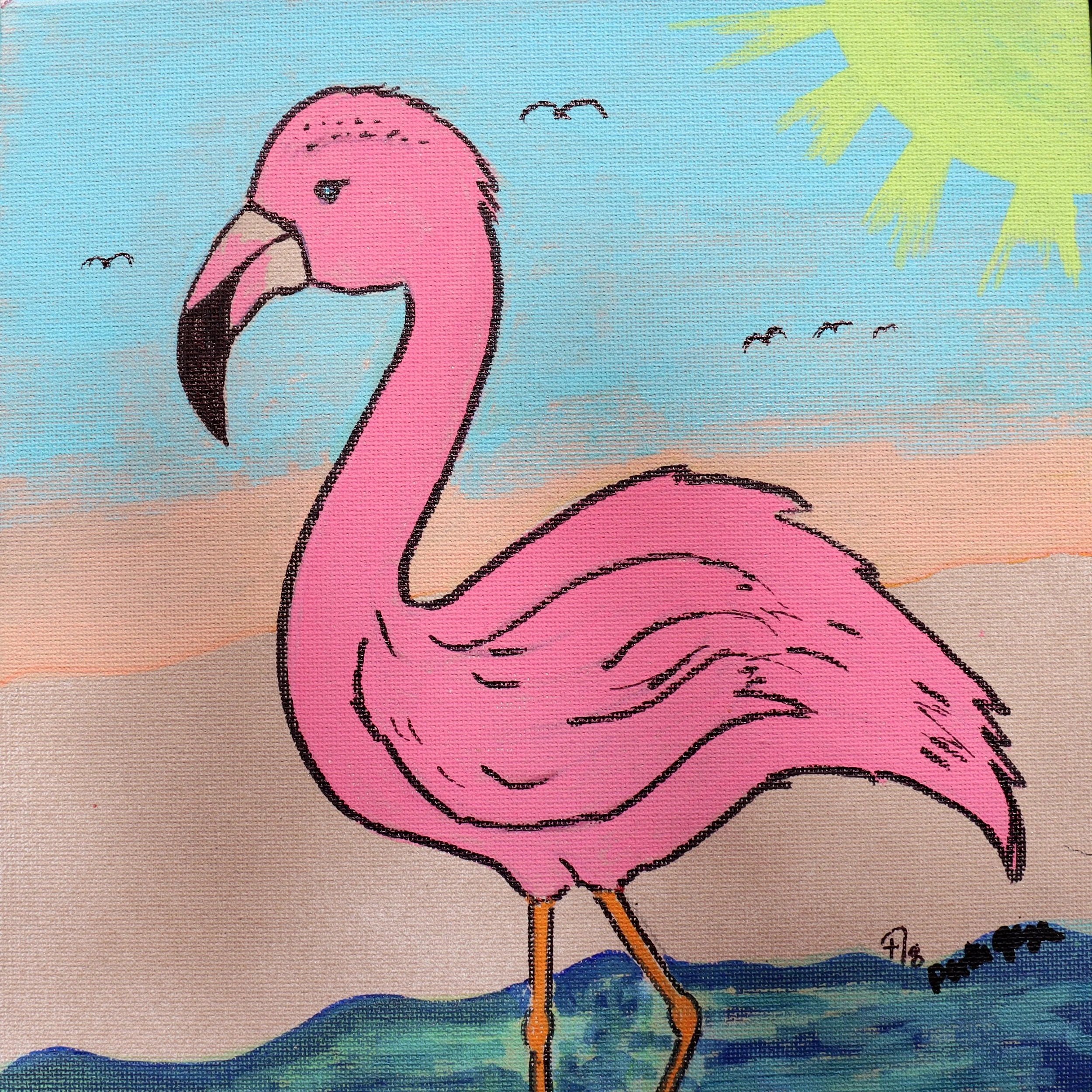 A cheerful pink flamingo standing in a sunny coastal scene, created to bring color, warmth, and uplifting energy to children receiving medical care. This playful illustration supports Art2Hearts Foundation’s mission to provide comfort art that inspir