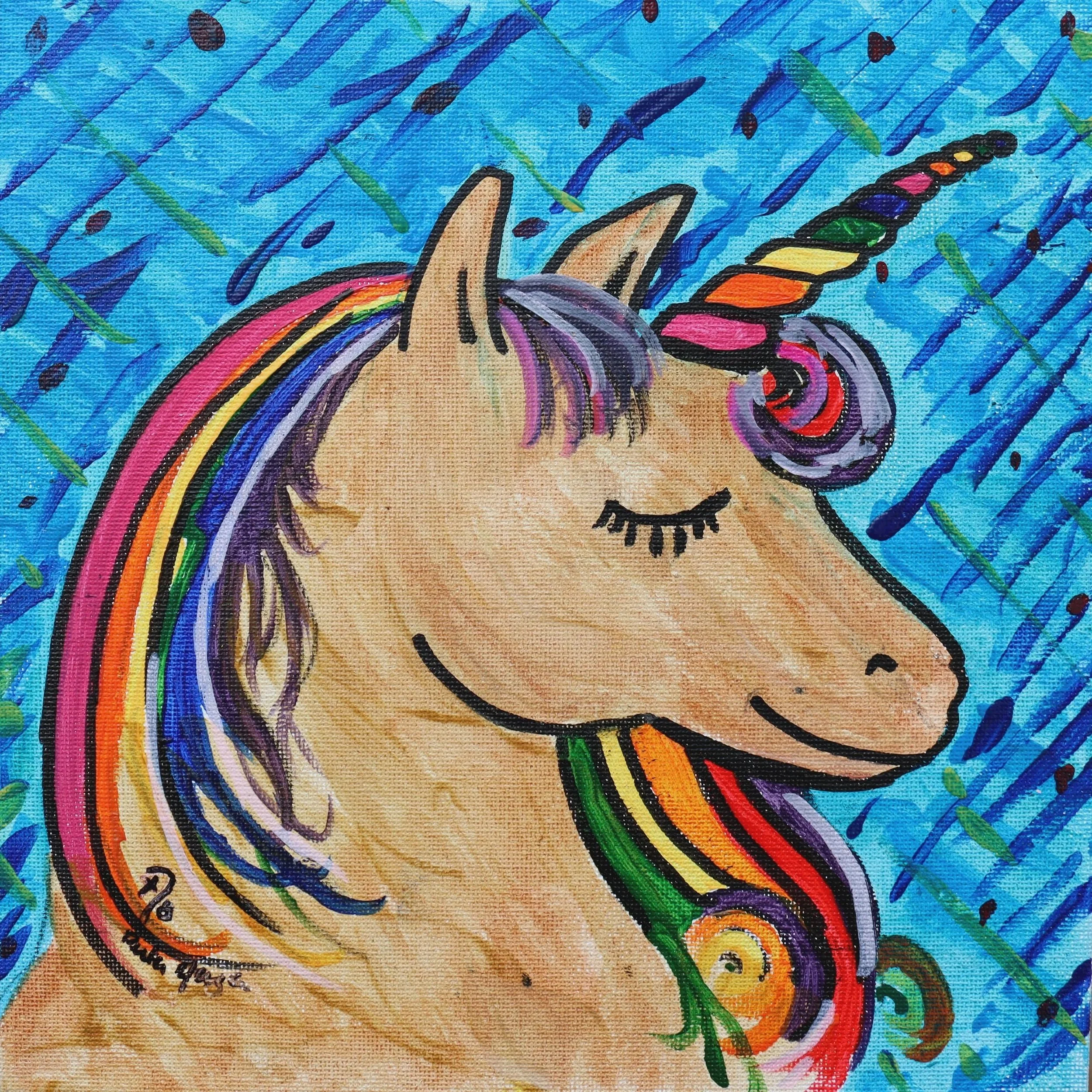 This cheerful unicorn illustration features a peaceful expression and vibrant rainbow mane set against a playful blue background. Created as part of a pediatric comfort art initiative supporting Art2Hearts Foundation, this artwork is designed to insp