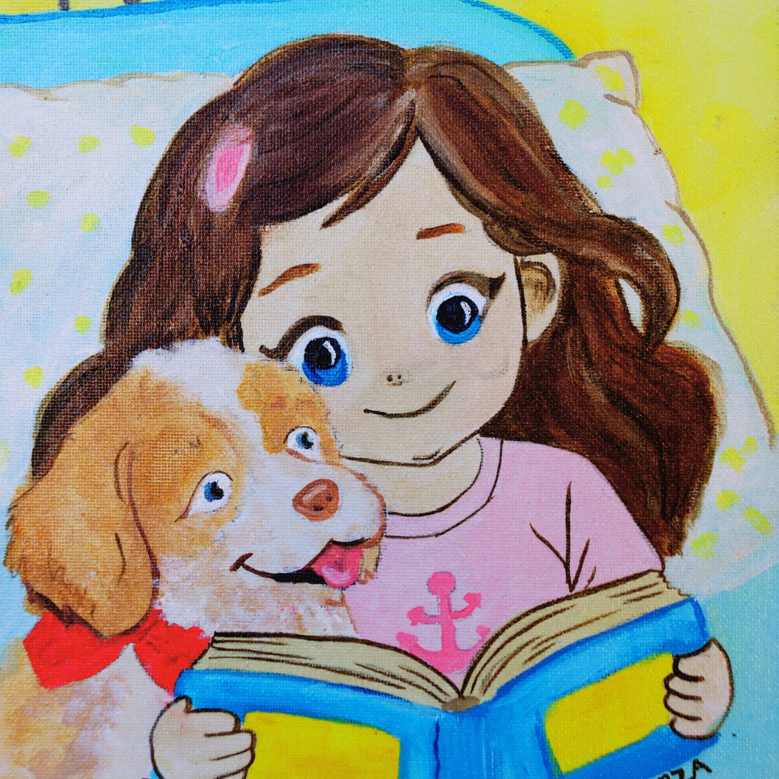 A young girl reading alongside her loyal dog, symbolizing comfort, imagination, and the quiet strength found in shared moments. This uplifting illustration supports Art2Hearts Foundation’s mission to provide healing artwork that encourages calm, cour