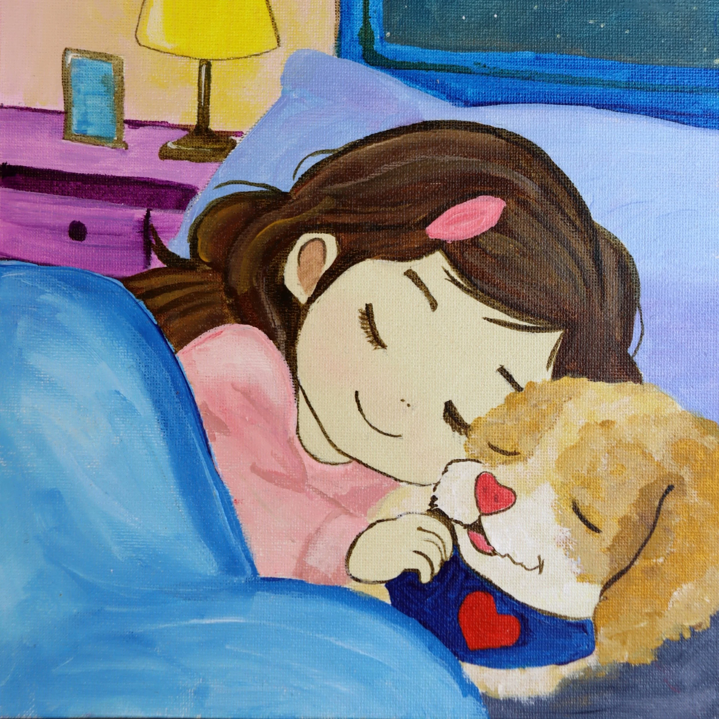 A peaceful bedtime scene of a young girl resting beside her loyal dog, symbolizing safety, trust, and the comfort of quiet companionship. This uplifting illustration supports Art2Hearts Foundation’s mission to provide healing artwork that encourages 
