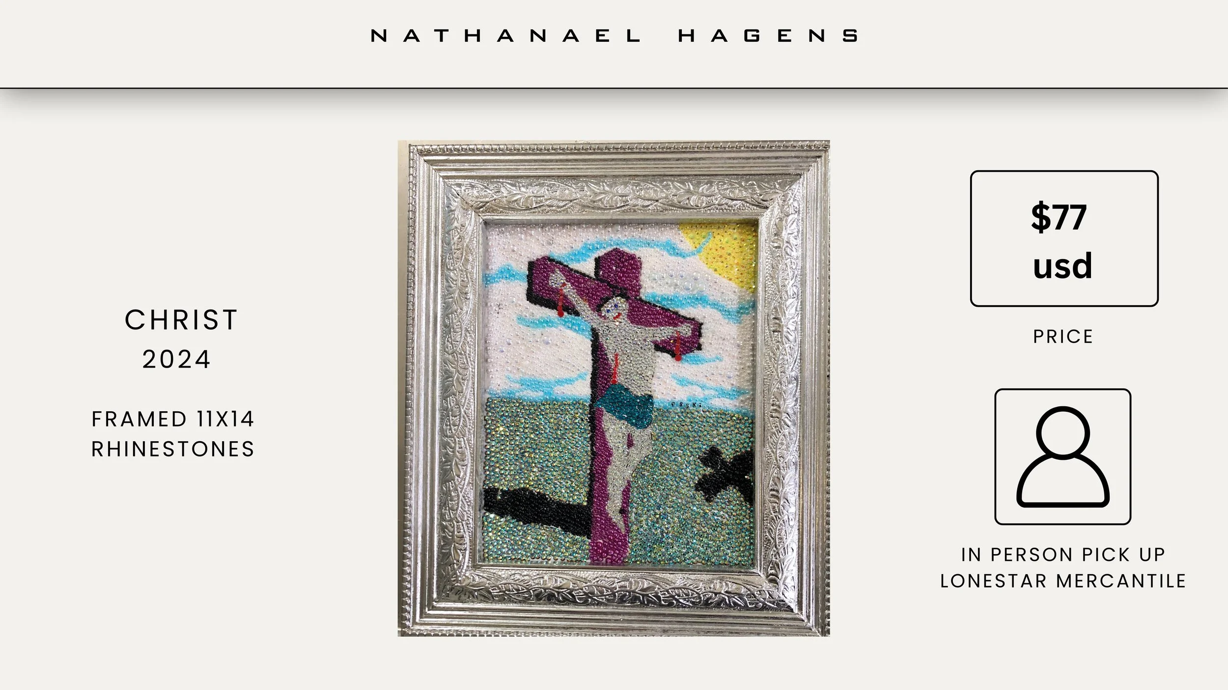 Beaded artwork of Jesus on the cross, with a background of blue sky, clouds, and yellow sun, in a silver frame, titled 'Christ 2024' for sale at $77.