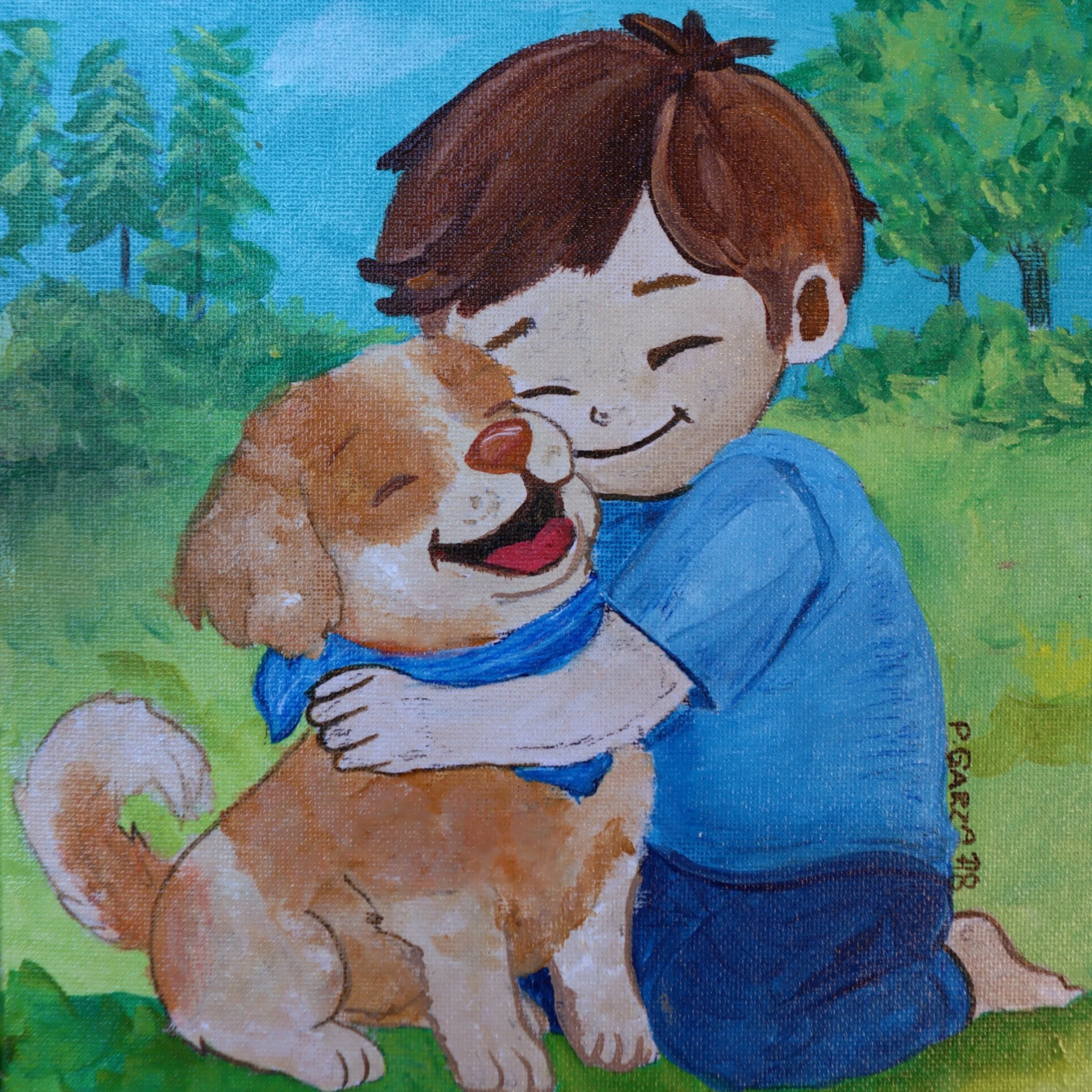 A young boy embracing his loyal dog, expressing unconditional love, trust, and emotional comfort. This uplifting illustration supports Art2Hearts Foundation’s mission to provide healing artwork that encourages calm, courage, and hope for young patien