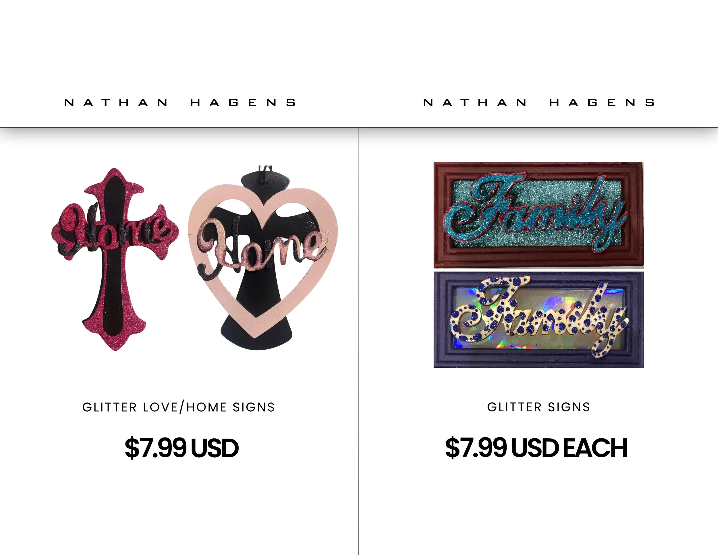 Display of glitter love and home signs, including a cross, a heart with the word home, and framed signs with the words family and family in glitter lettering, all priced at $7.99 USD each.