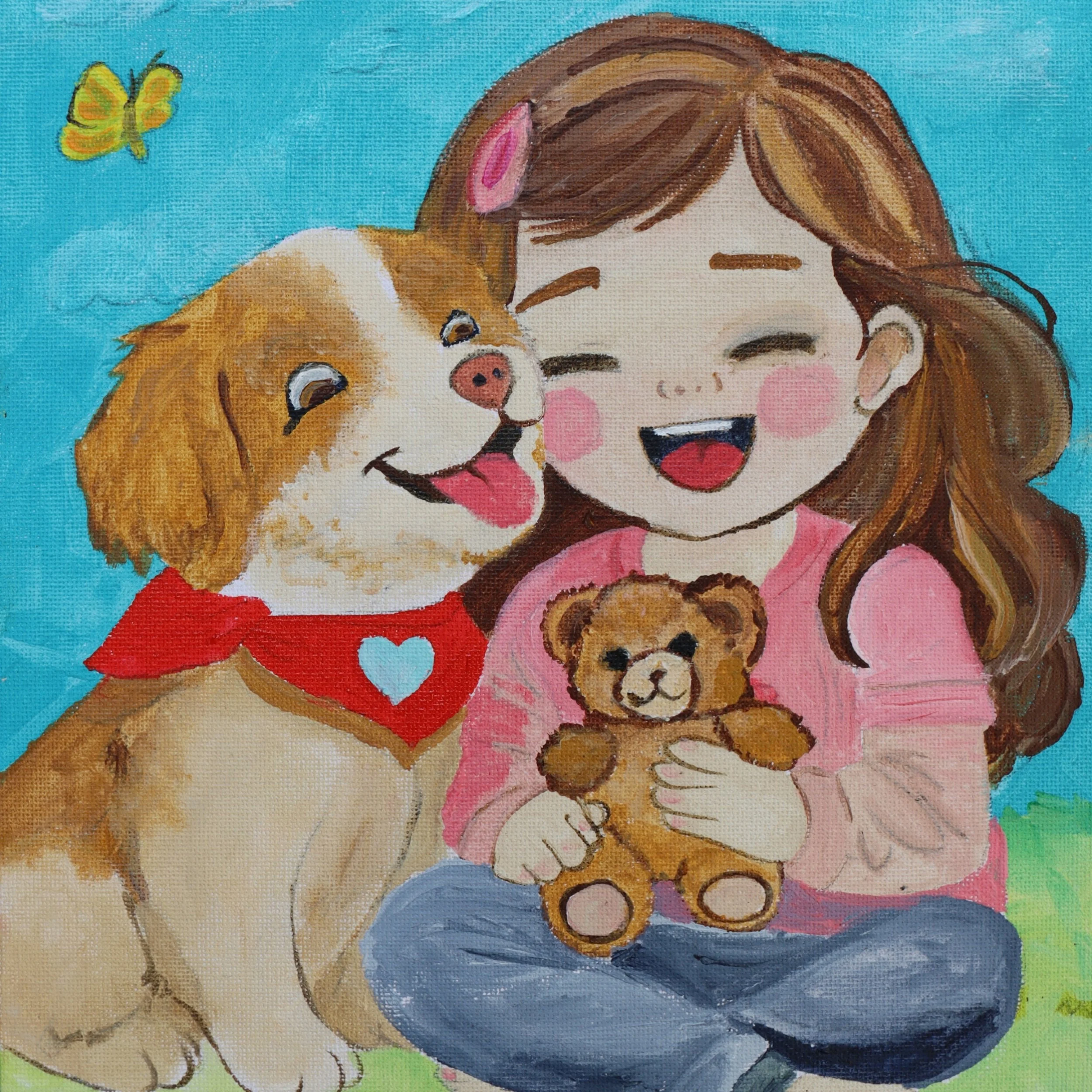 A young girl laughing with her loyal dog while holding her toy bear, symbolizing warmth, security, and simple happiness. This uplifting illustration supports Art2Hearts Foundation’s mission to provide healing artwork that encourages calm, courage, an