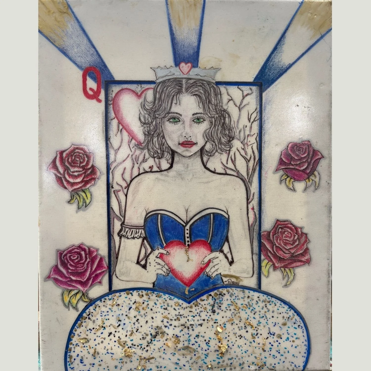 Queen of Hearts | 8x10 Pencil and Gold leaf on Canvas