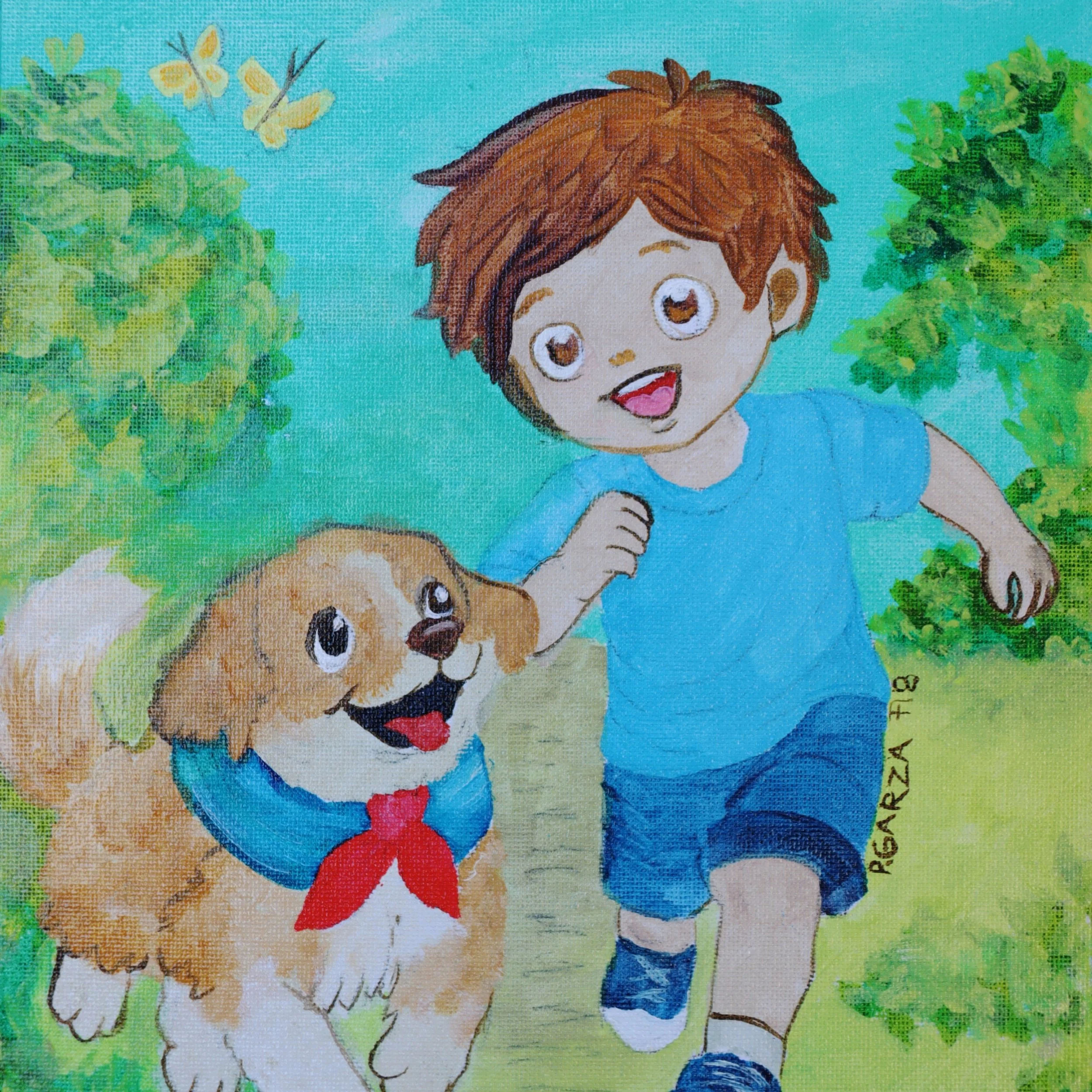 A joyful outdoor scene of a young boy running alongside his faithful dog, capturing movement, friendship, and carefree moments of happiness. This uplifting illustration supports Art2Hearts Foundation’s mission to provide healing artwork that encourag