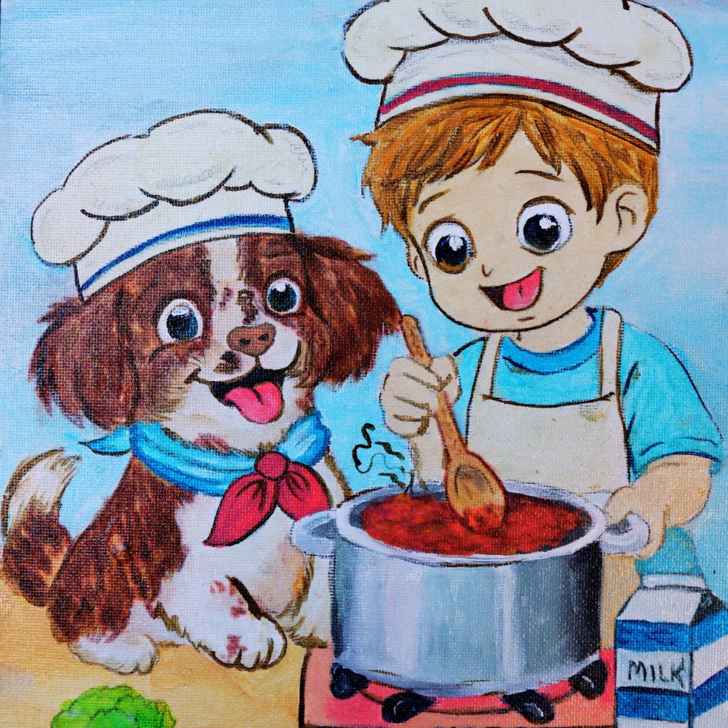 A heartwarming scene of a young chef and his loyal pup cooking side by side, symbolizing teamwork, creativity, and the comfort of shared moments. This uplifting illustration supports Art2Hearts Foundation’s mission to provide healing artwork that enc