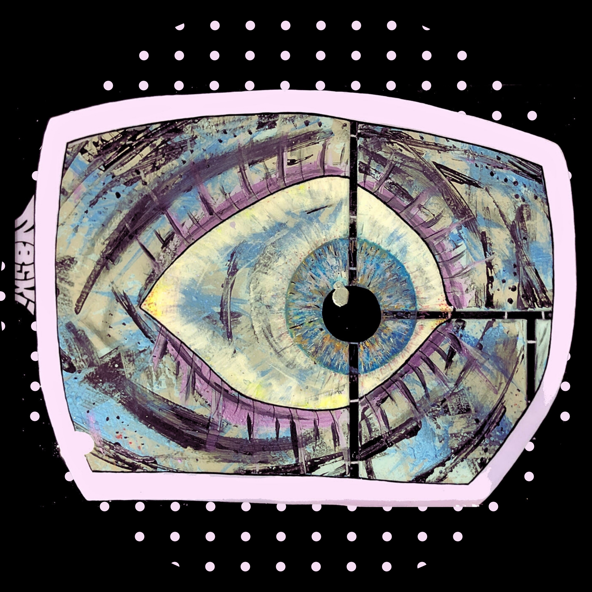 Abstract eye artwork by N8SKI featuring a blue and lavender iris against a black background with pale pink geometric details.  Also change the heading above the thumbnails from Our Artist to Our Artists.