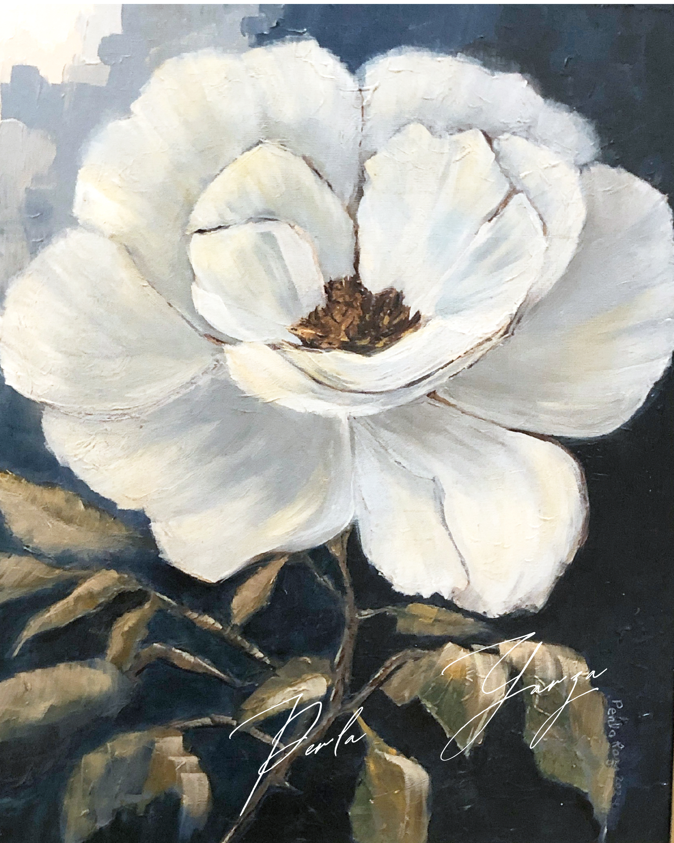 Midnight Blossom floral artwork by Perla Garza featuring a large white flower against a deep blue-gray background.