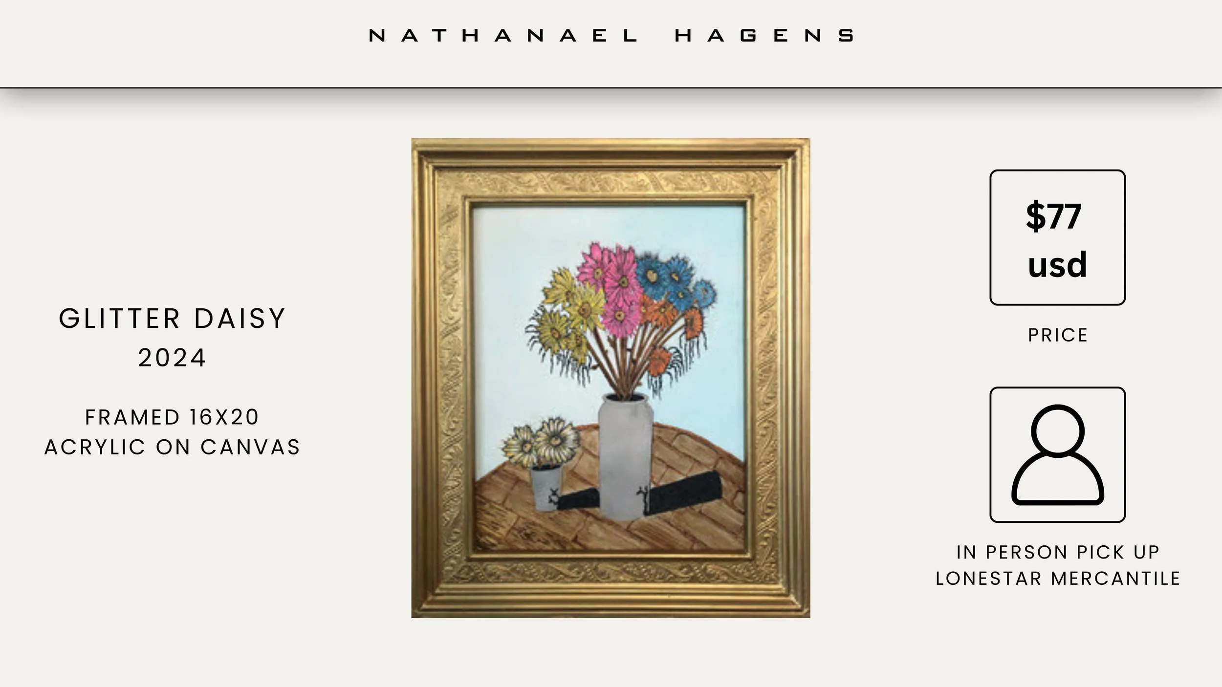 ‘Glitter Daisy 2024’ — a joyful still life of hand-painted daisies in glass vases, rendered in vivid acrylics and touched with shimmer. Framed in antique gold, this piece blends playfulness and elegance with painterly charm