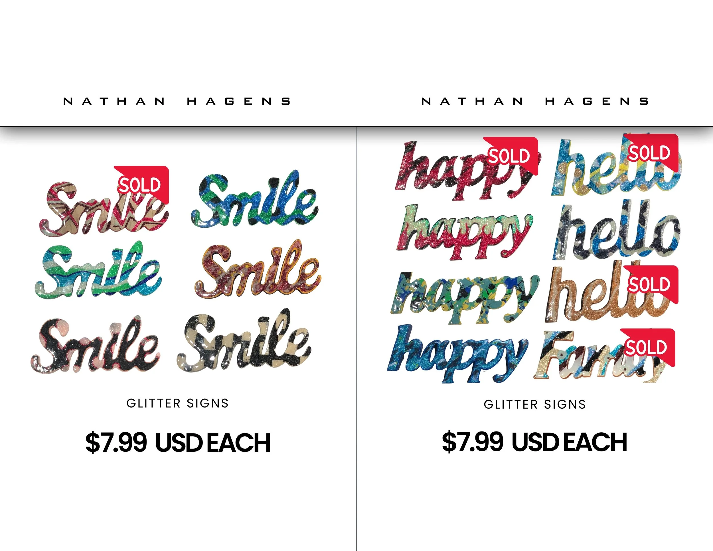 A collection of glitter signs with words "Smile" on the left and "happy," "hello," "new," "family" on the right, some marked with red "sold" tags. Each sign costs $7.99.
